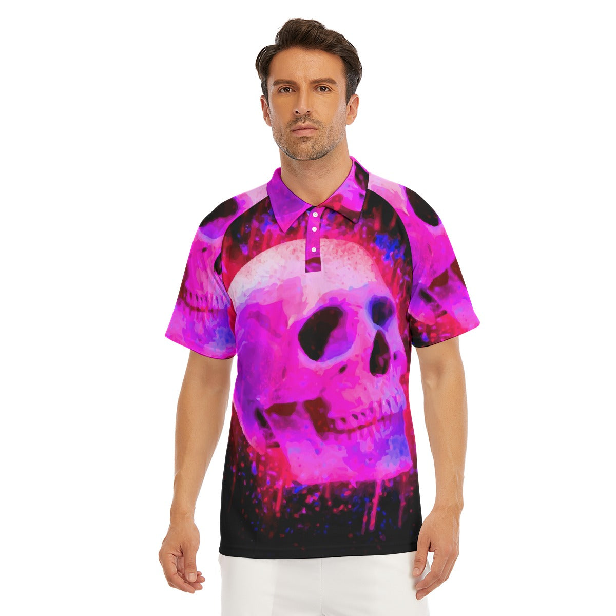 Halloween Day of the dead Calavera Evil Men's Short Sleeve Polo Shirt With Button Closure