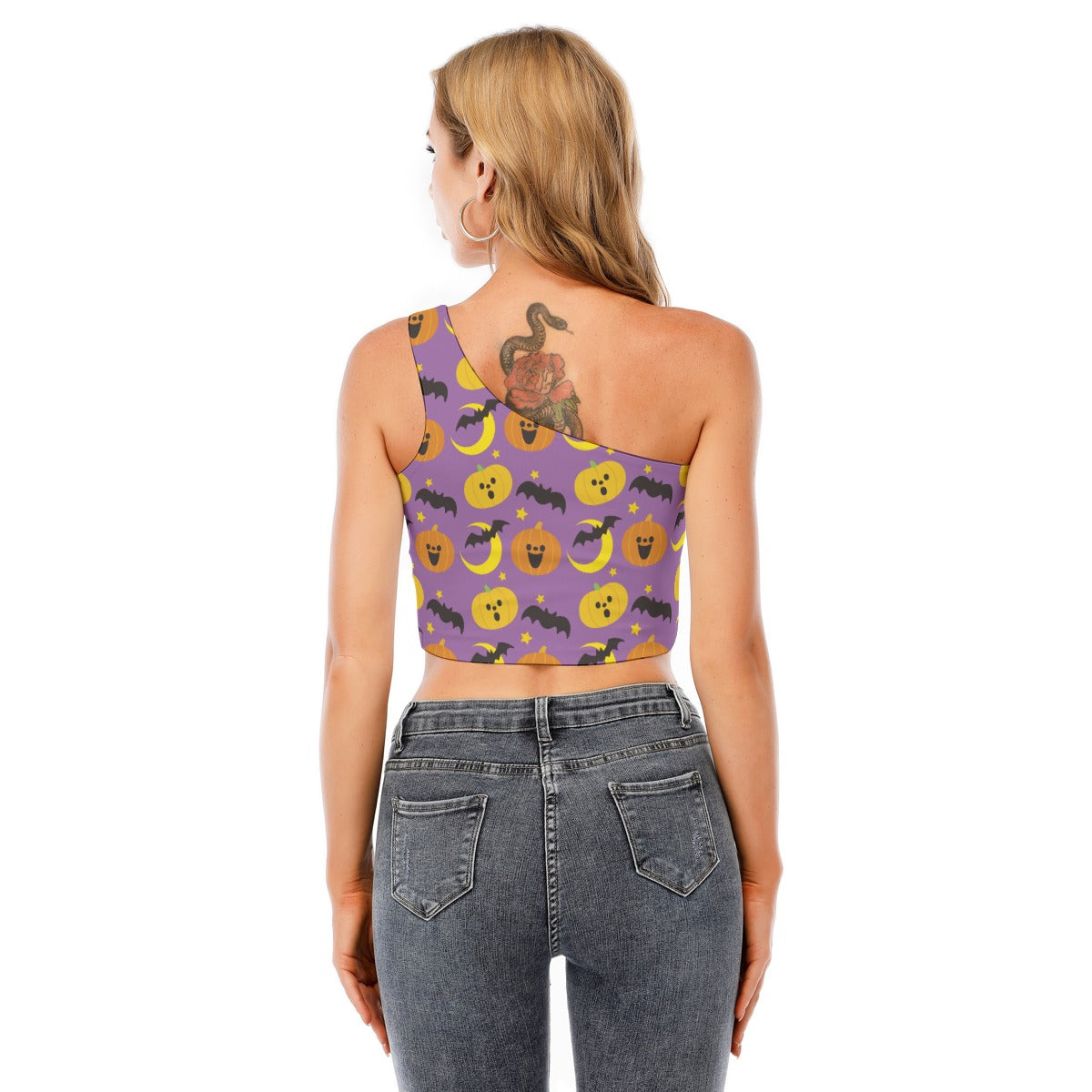 Halloween Day of the dead Calavera Women's One-Shoulder Cropped Top Skull