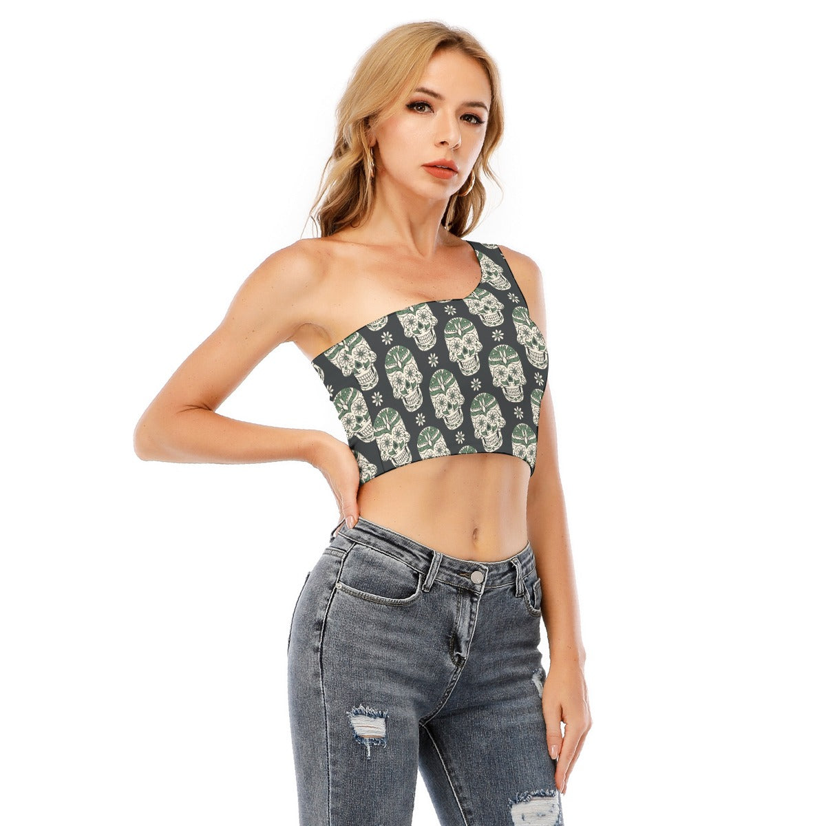 Halloween Grim reaper Skull Women's One-Shoulder Cropped Top