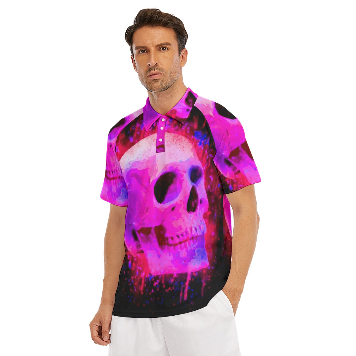 Halloween Day of the dead Calavera Evil Men's Short Sleeve Polo Shirt With Button Closure