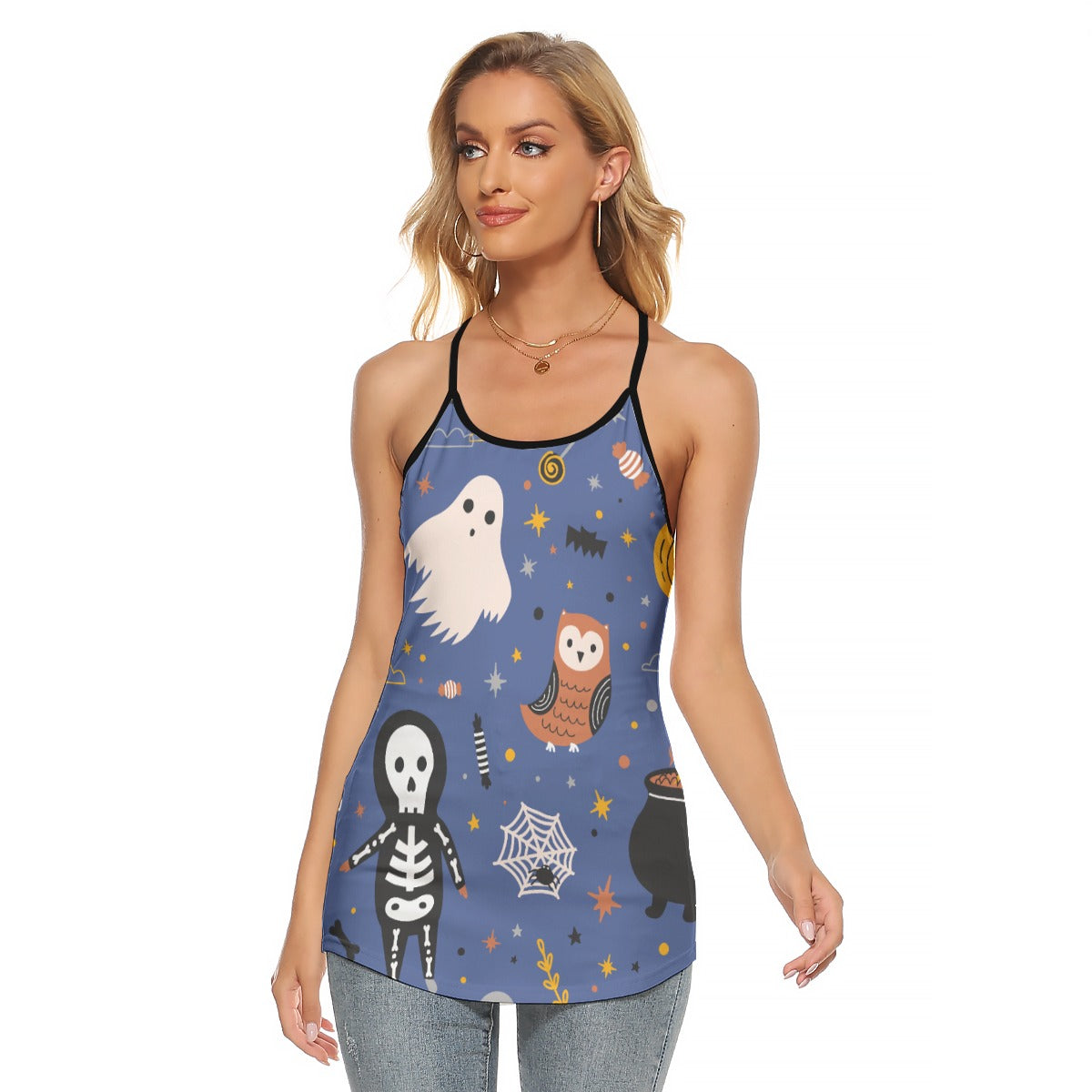 Halloween Mexican skull Women's Criss-Cross Open Back Tank Top Calavera