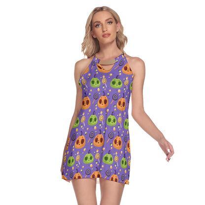 Halloween Skull Women's Round Neck Above Knee Dress