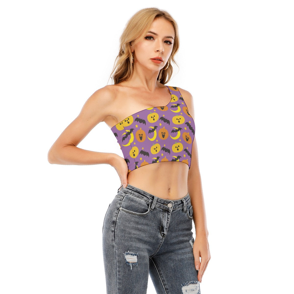 Halloween Day of the dead Calavera Women's One-Shoulder Cropped Top Skull