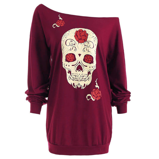 Punk Rove Skull Halloween Dress Women Color Retro Vintage Autumn Long Sleeve Sexy Casual Mini Shift Shirt Dresses