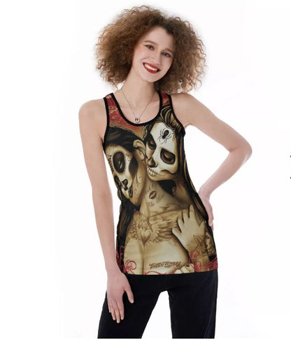 Sugar skull couple girls Women's Back Hollow Tank Top, Day of the dead Mexican skull tank top shirt