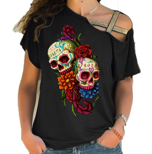 Sugar skull shirts Irregular Skew Cross Bandage