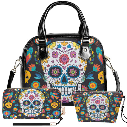 Set 3pcs Sugar skulls Shoulder Handbag & matching wallets