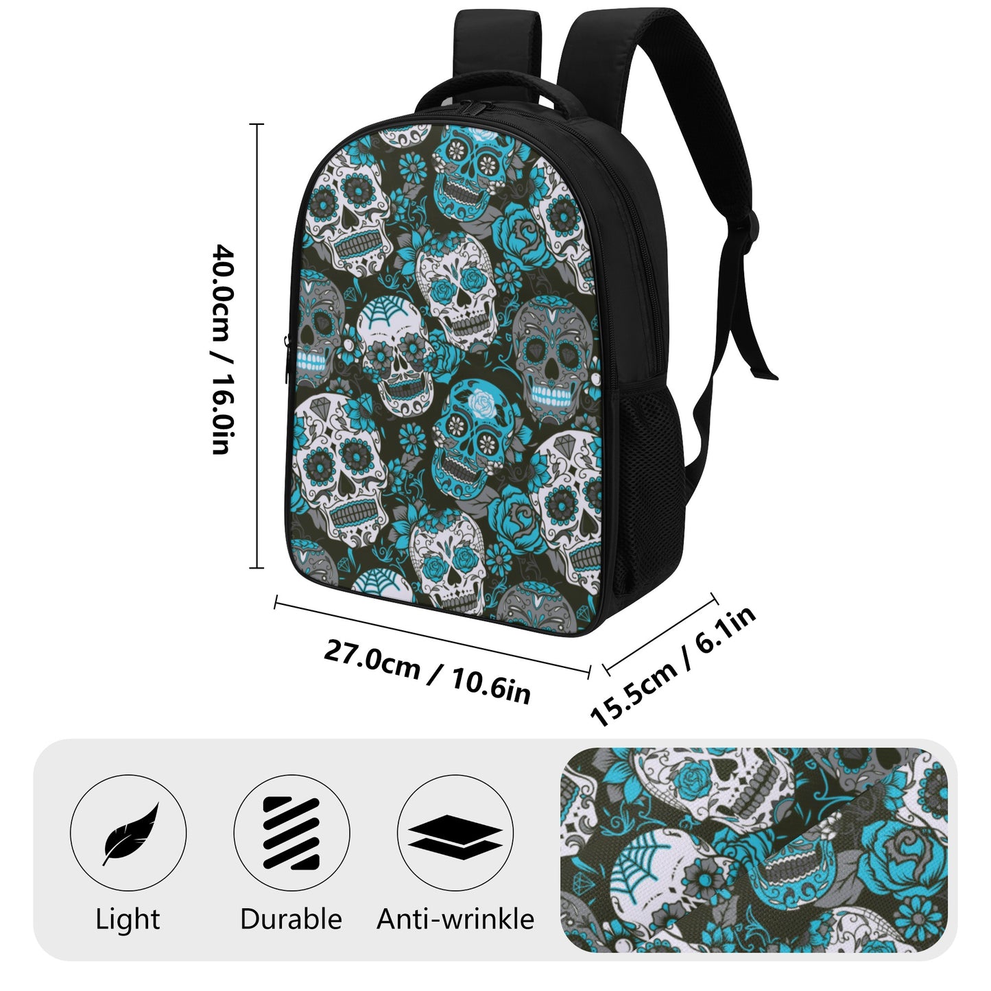 Sugar skull Dia de los muertos 16 Inch Dual Compartment School Backpack