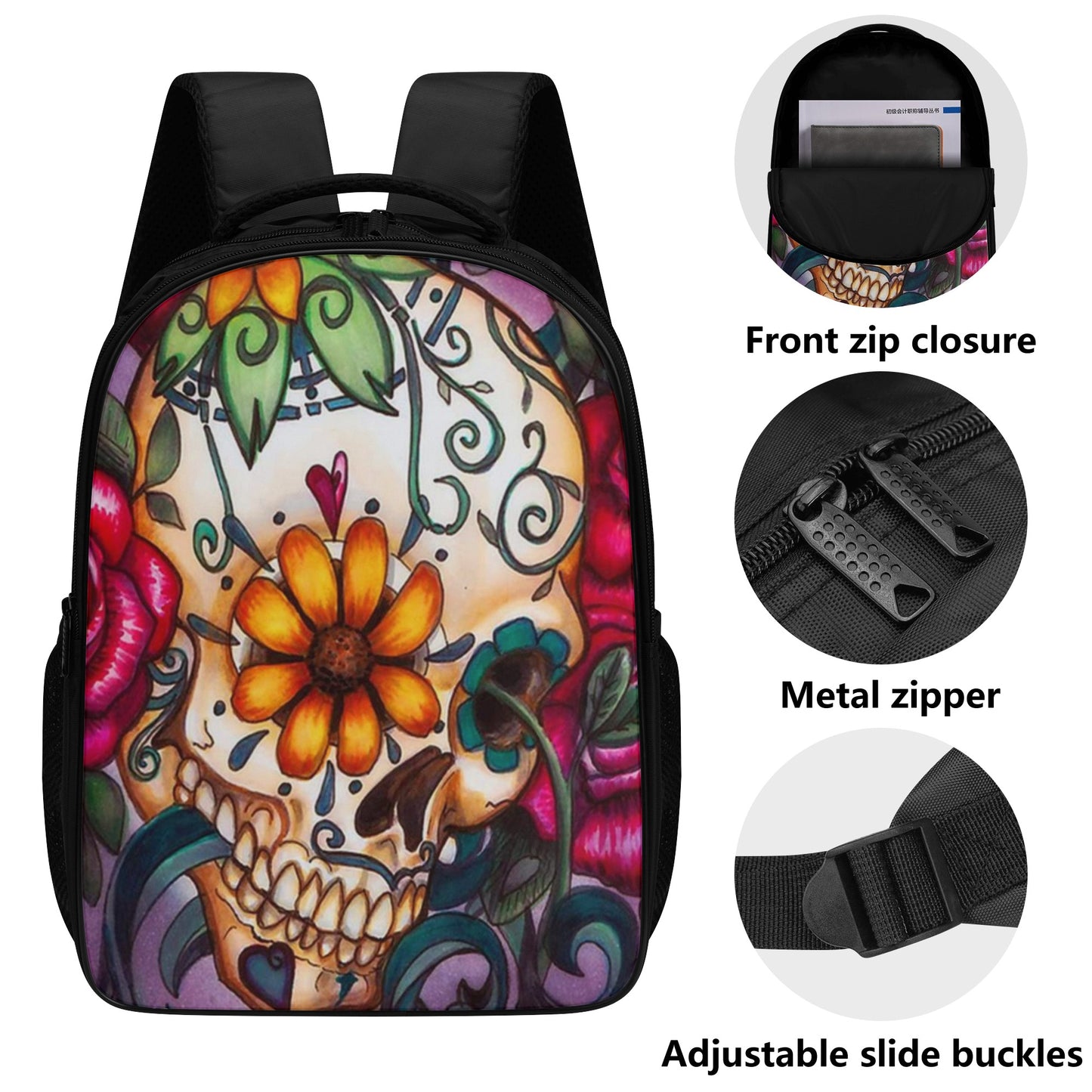 Sugar skull Day of the dead 16 Inch Dual Compartment School Backpack