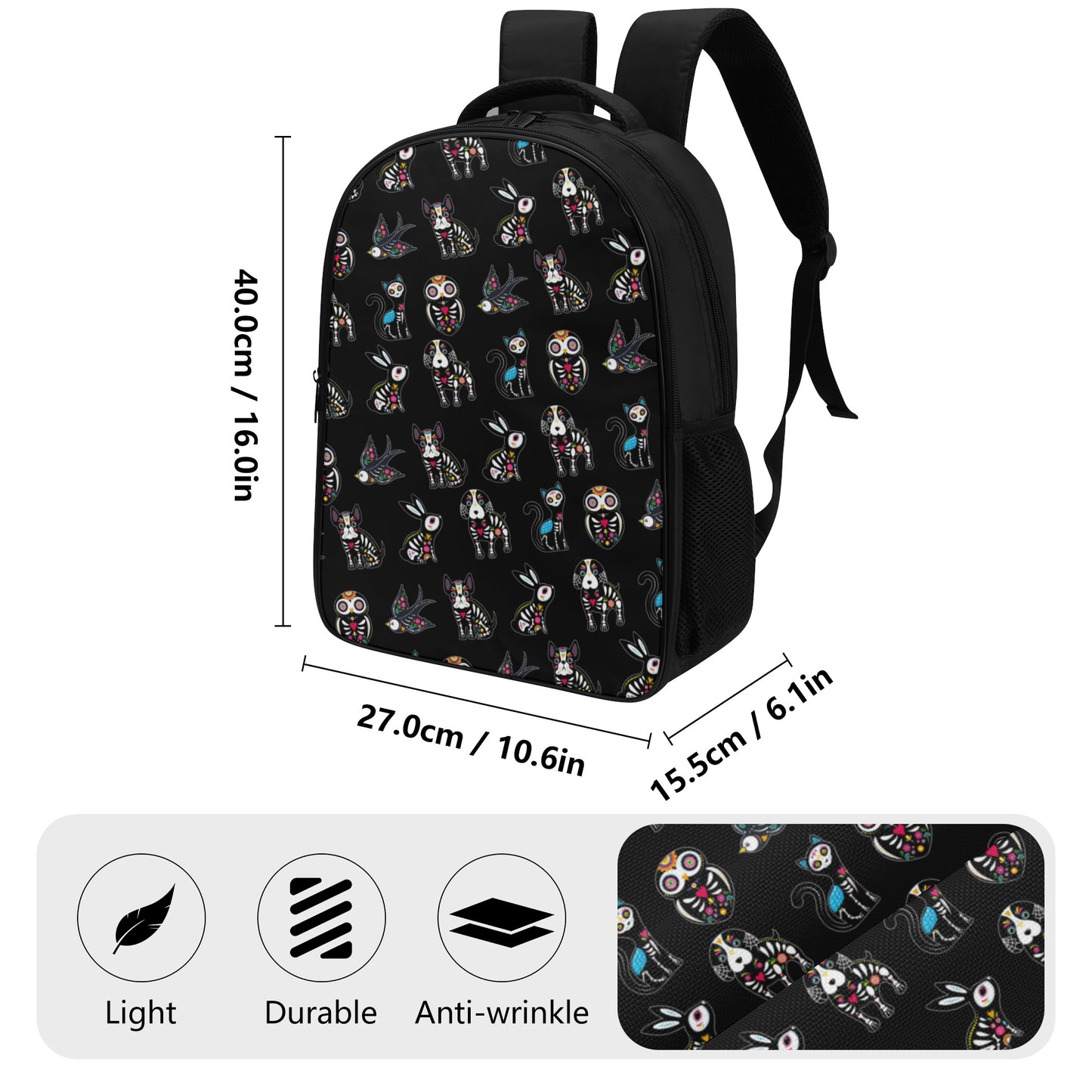 Sugar skull animal, day of the dead gothic 16 Inch Dual Compartment School Backpack