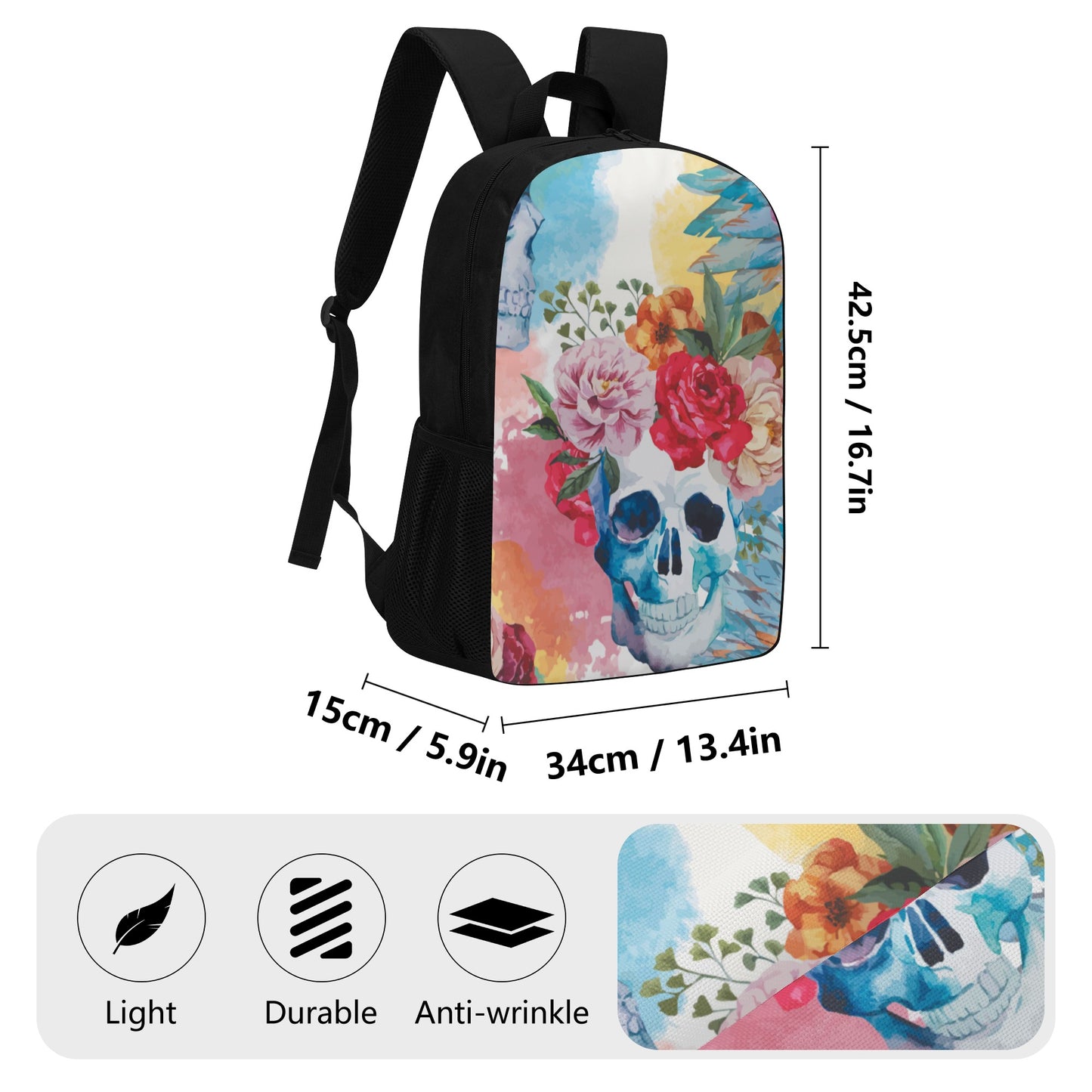 Floral sugar skull rose 17 Inch Laptop Backpack