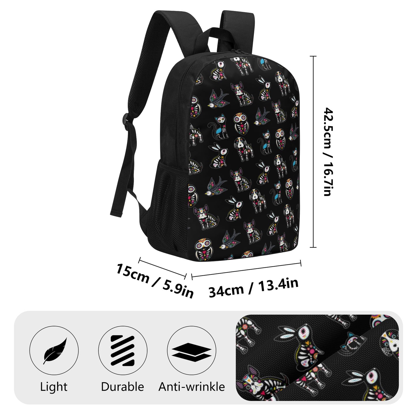 Sugar skull animal, day of the dead gothic 17 Inch School Backpack
