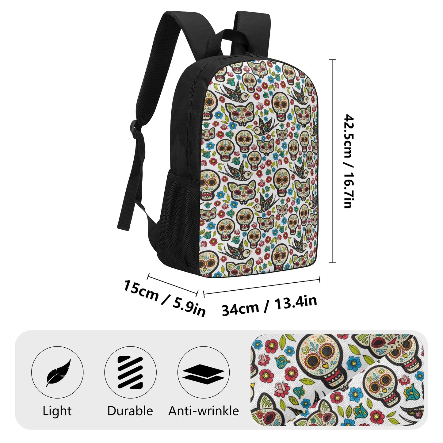 Day of the dead sugar skull parttern 17 Inch School Backpack