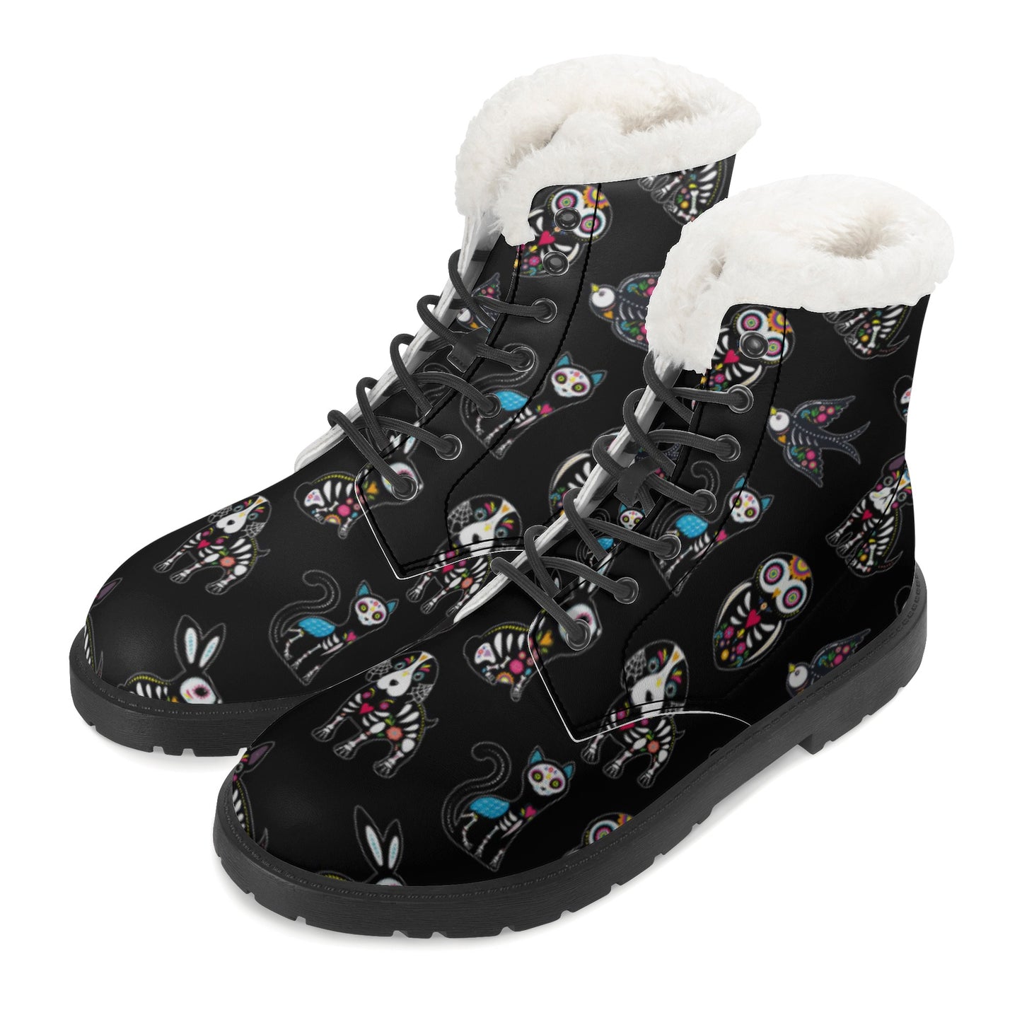 Sugar skull Calaveras skeleton Day of the dead Women's Faux Fur Leather Boots
