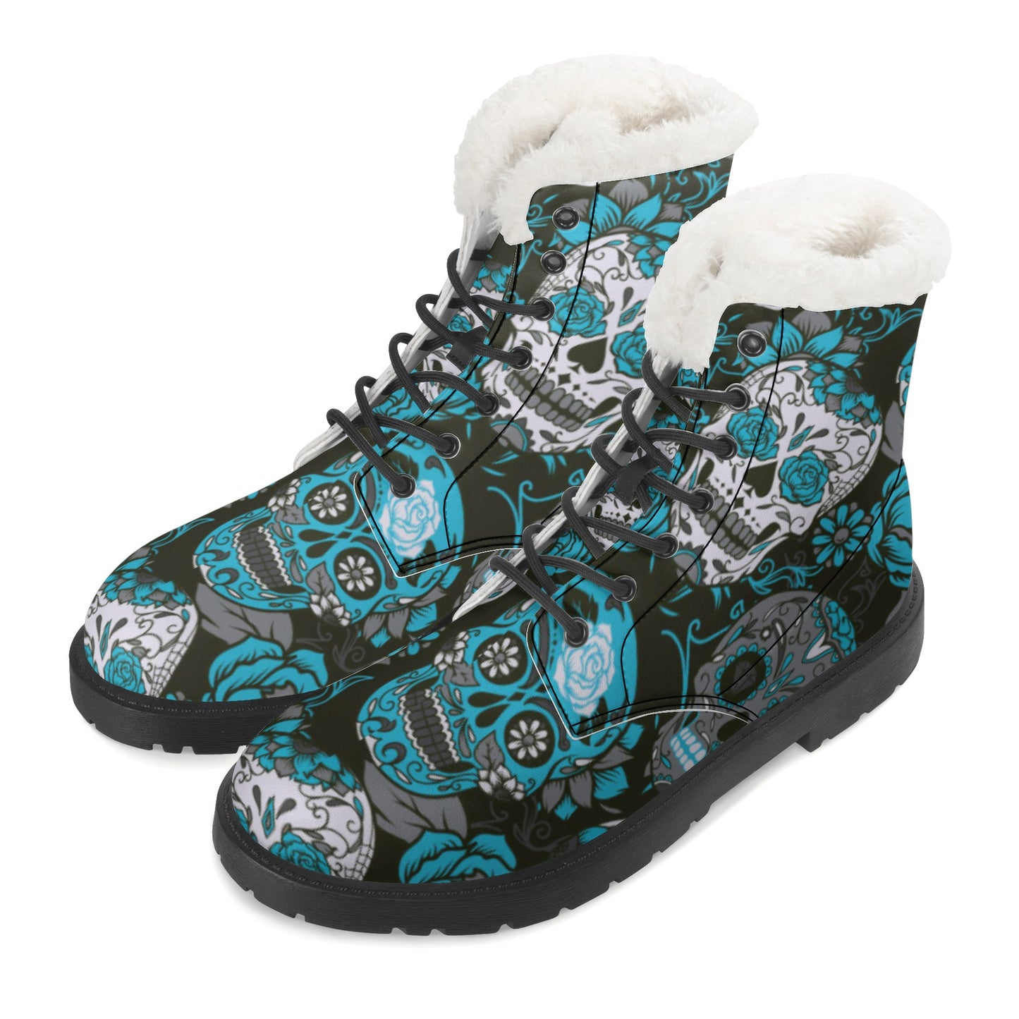 Sugar skull Calaveras skeleton Day of the dead Women's Faux Fur Leather Boots