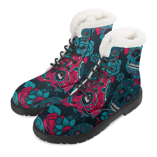 Sugar skull Calaveras skeleton Day of the dead Women's Faux Fur Leather Boots