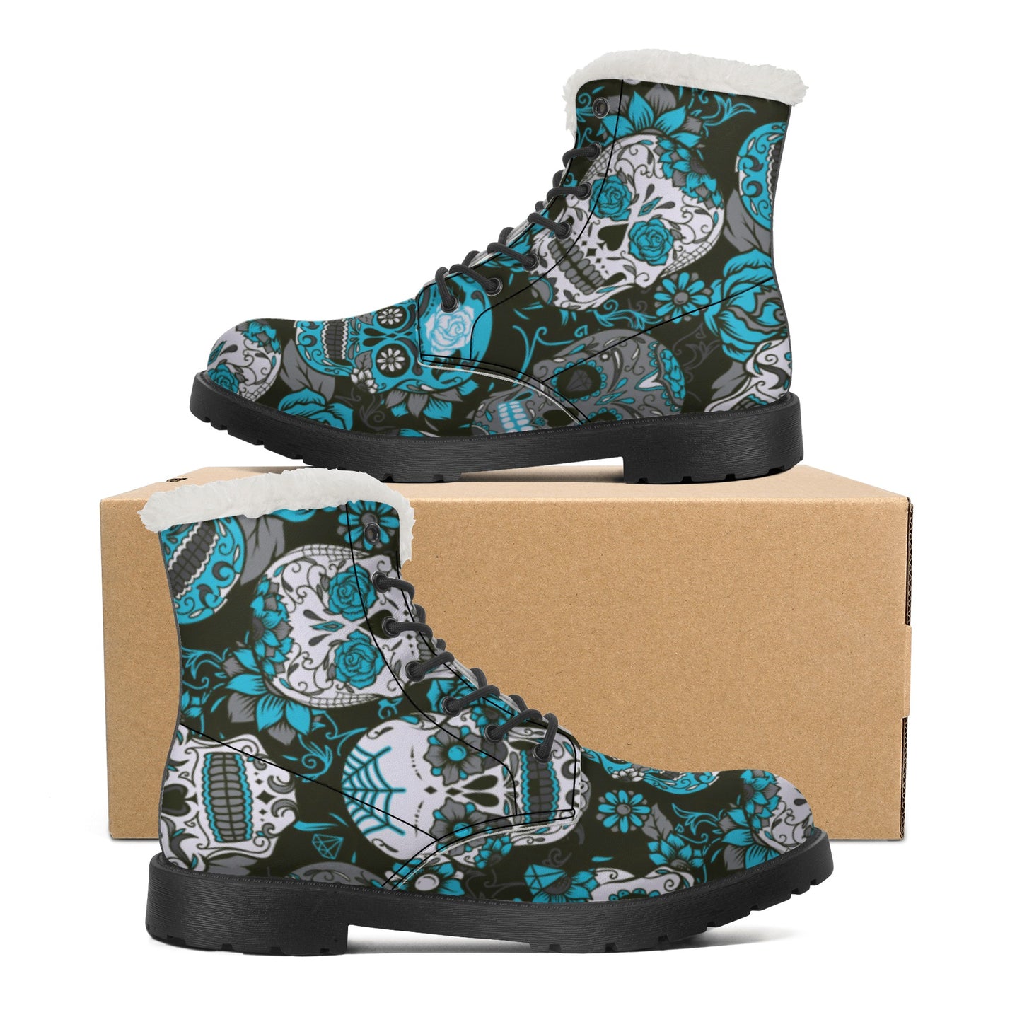 Sugar skull Calaveras skeleton Day of the dead Women's Faux Fur Leather Boots