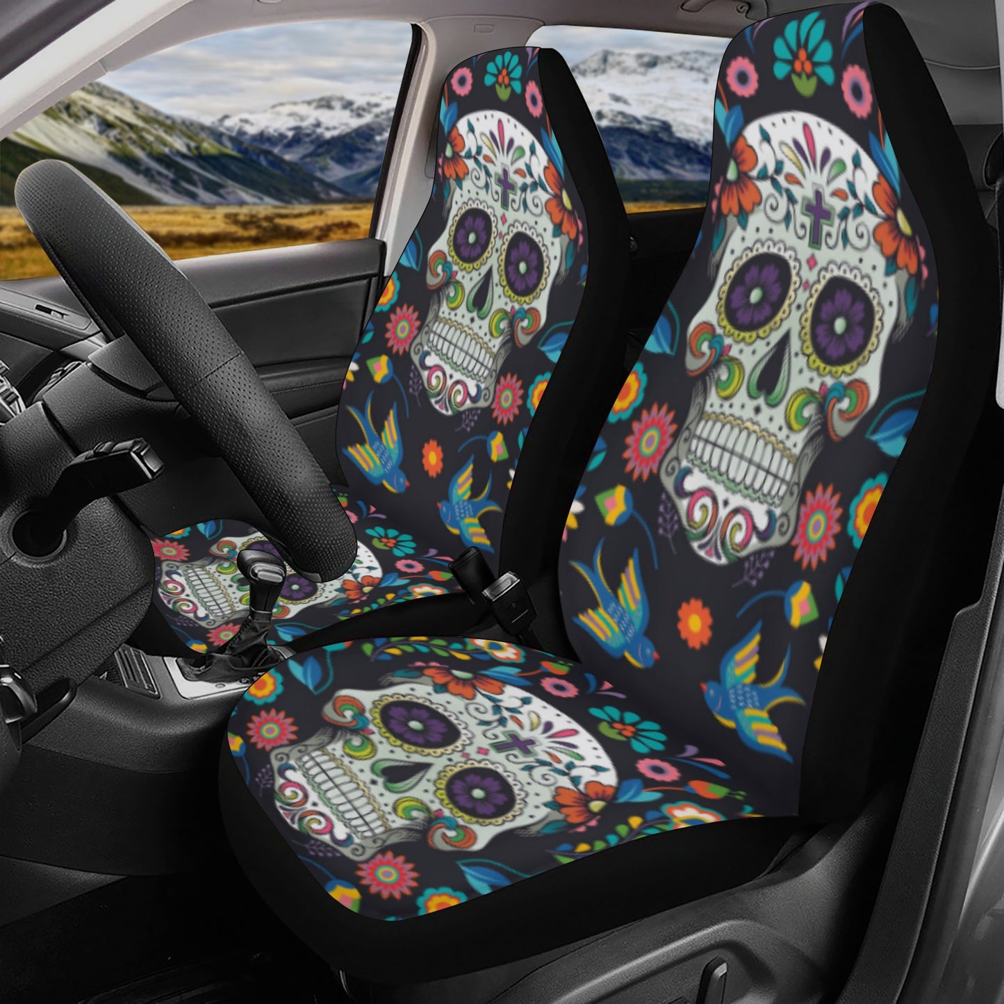 Set Front & Back sugar skull Car Seat Cover Set