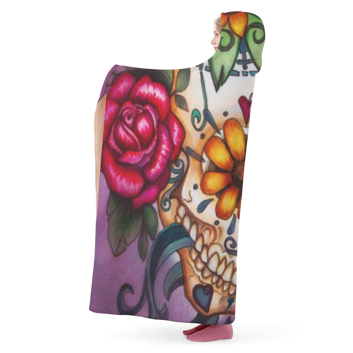 Floral Day of the dead sugar skull Hooded Blanket