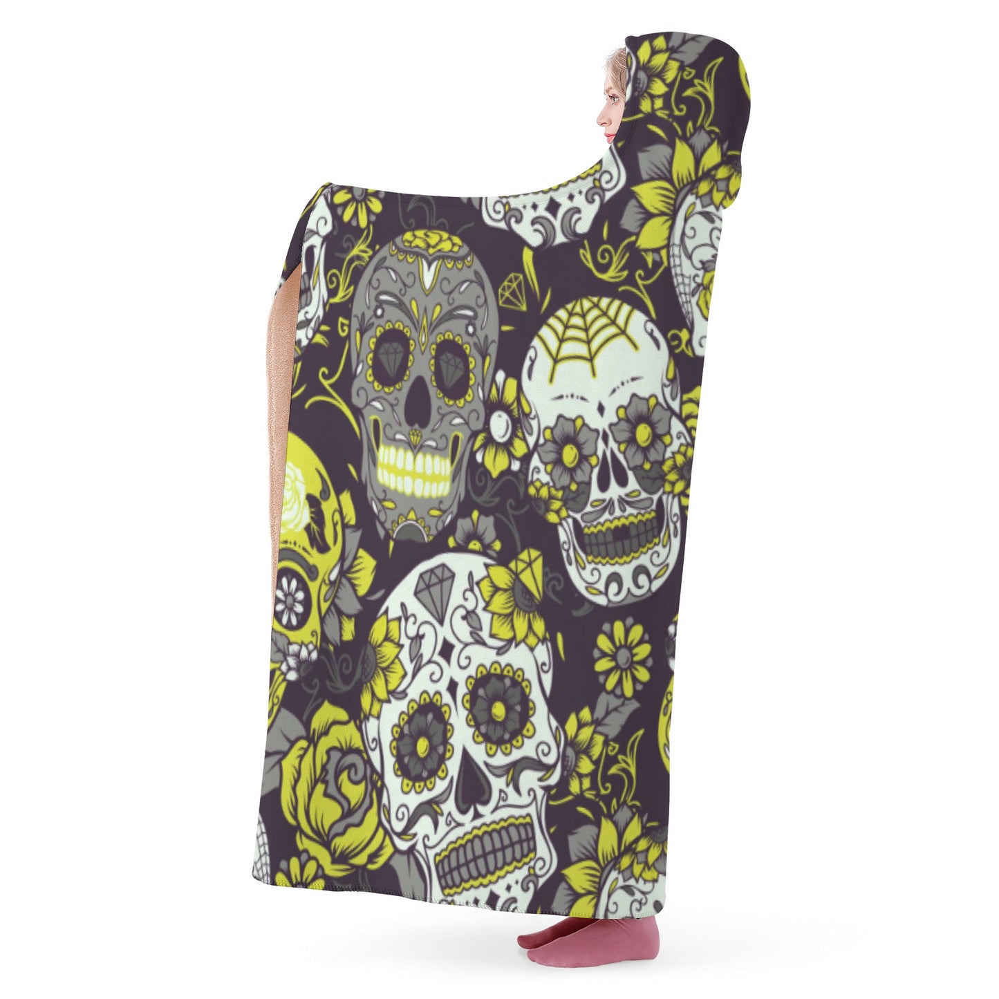 Sugar skull yellow Hooded Blanket