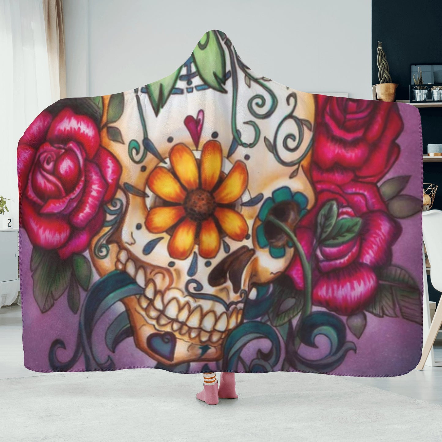 Floral Day of the dead sugar skull Hooded Blanket