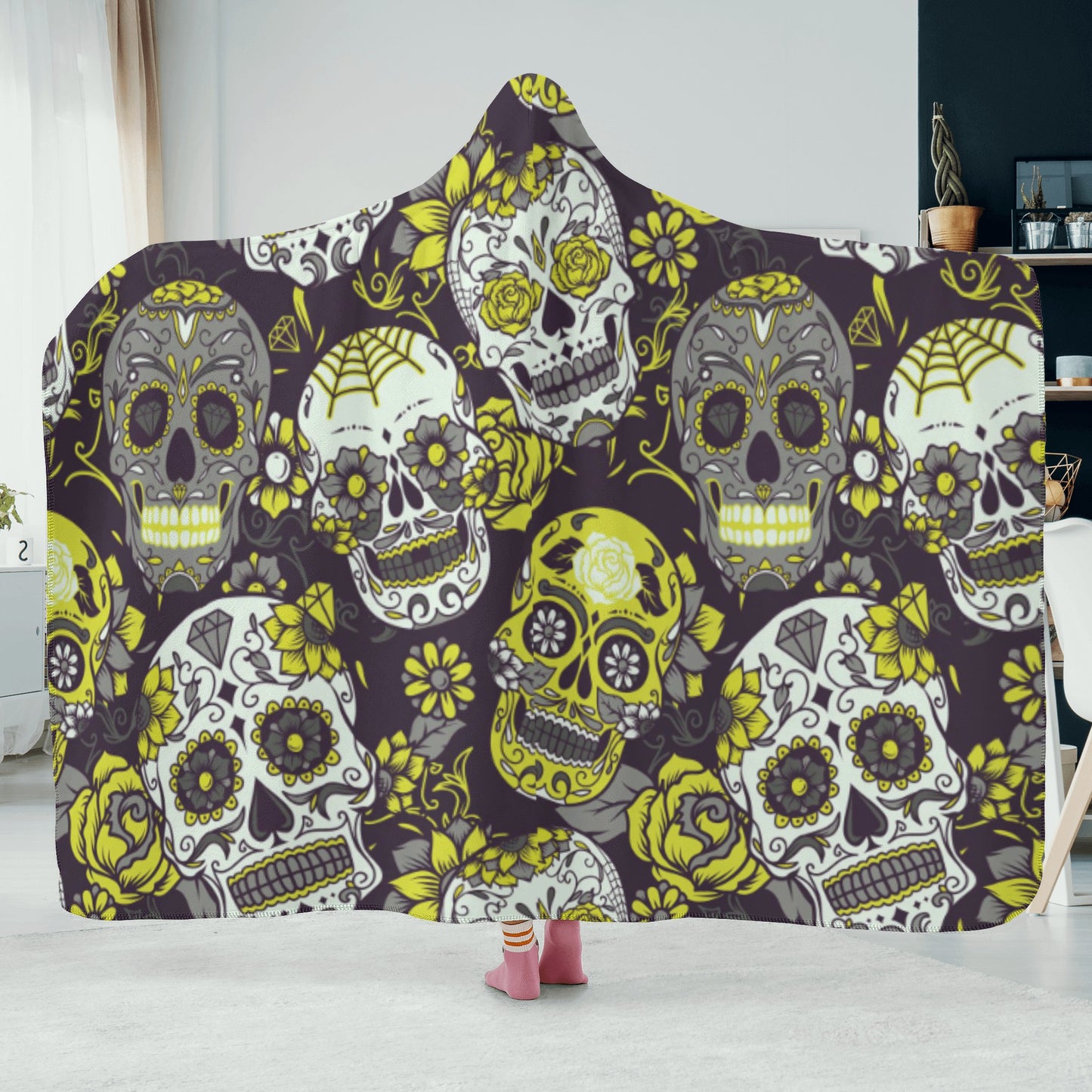 Sugar skull yellow Hooded Blanket