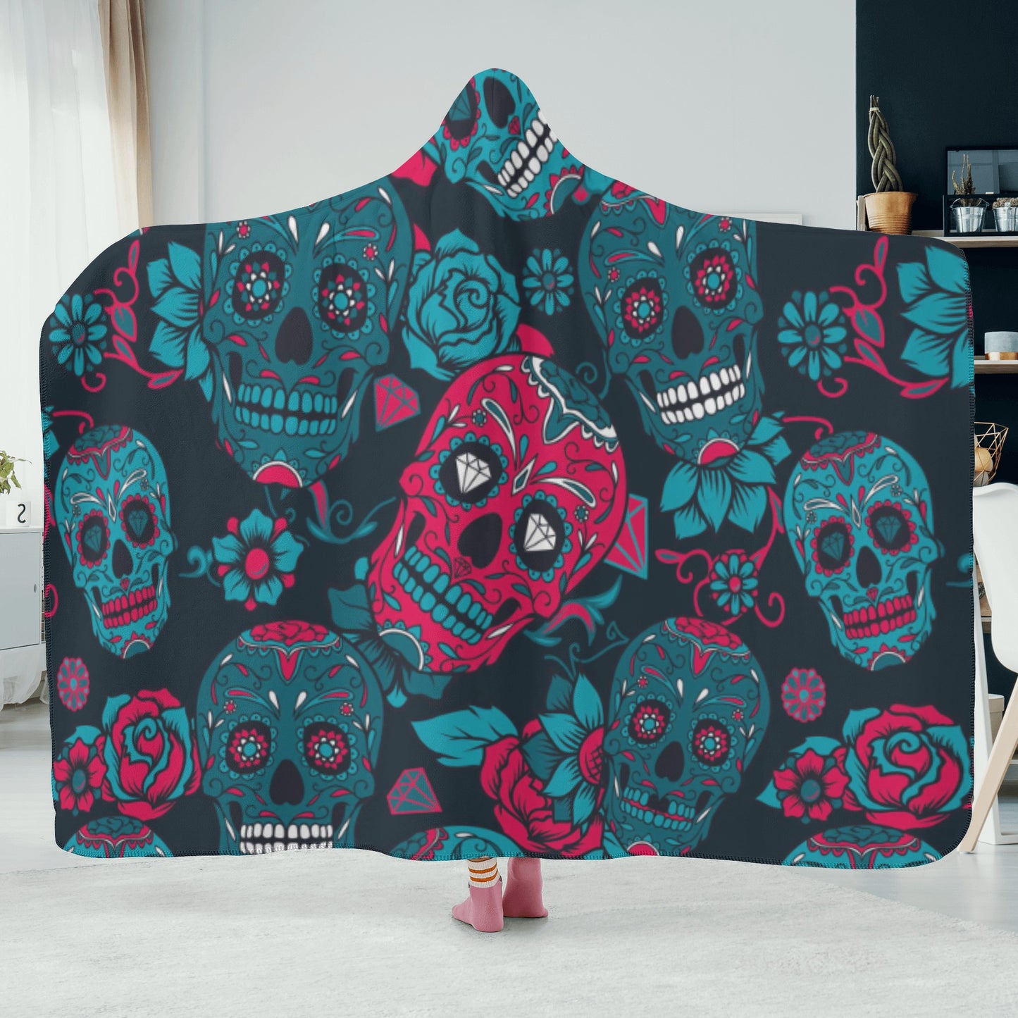 Sugar skull skeleton Hooded Blanket