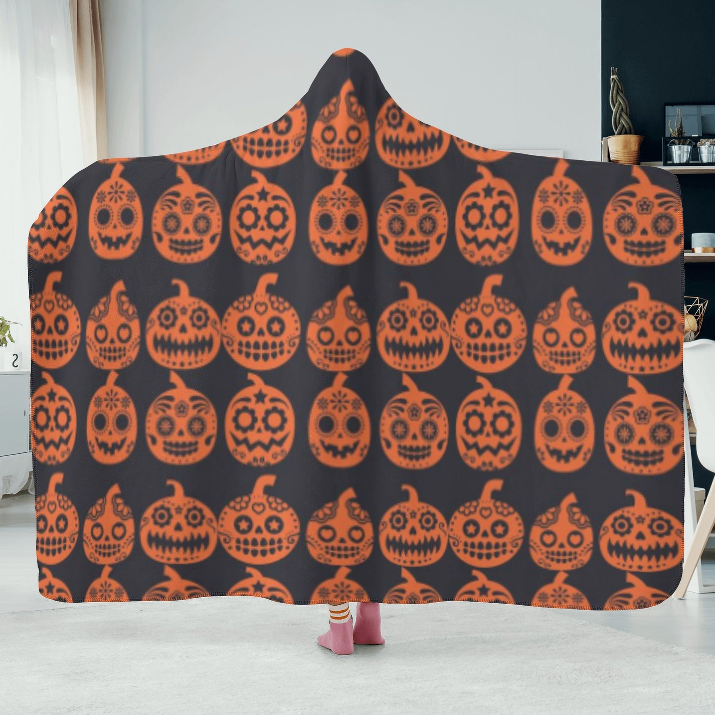 Halloween sugar skull pumpkin Hooded Blanket