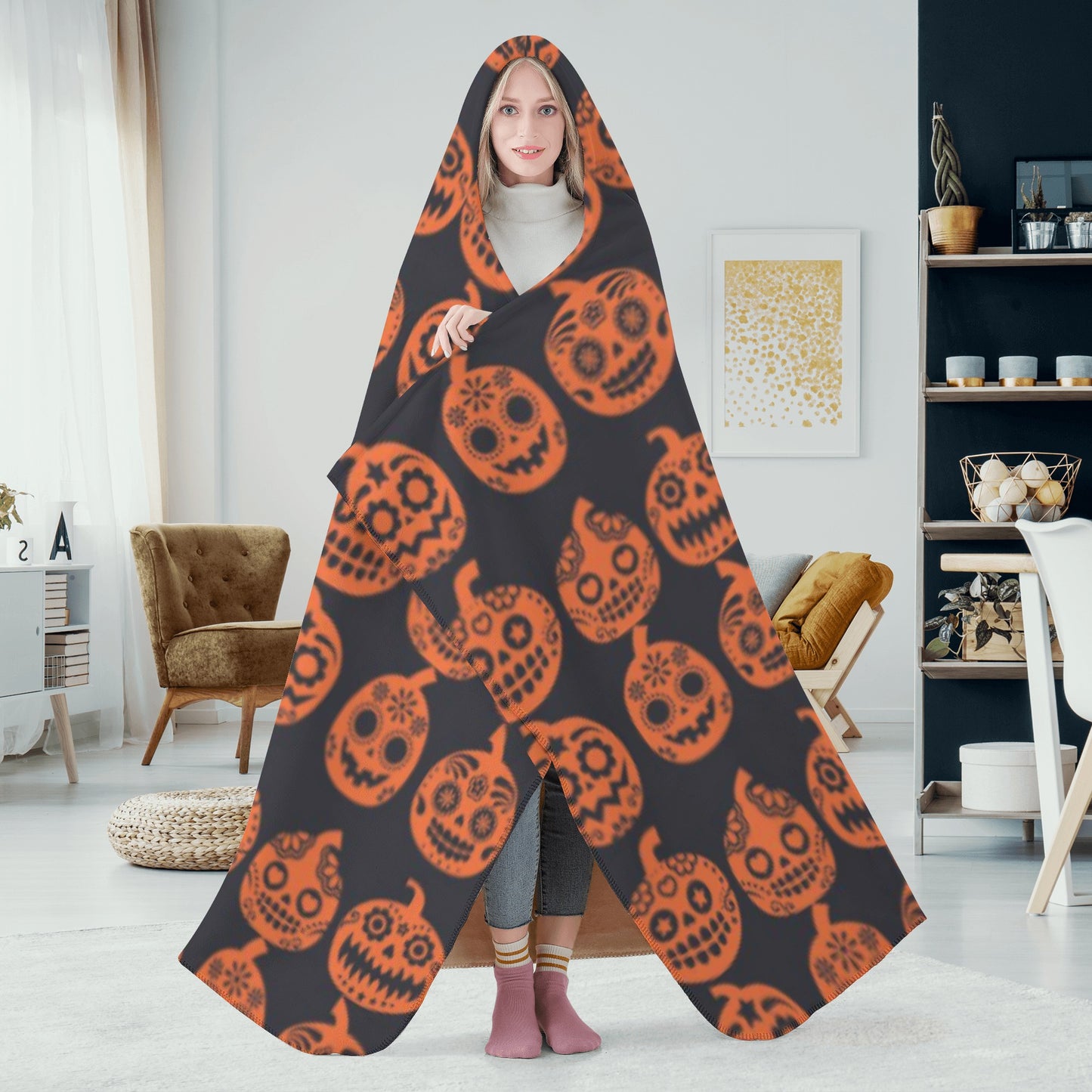 Halloween sugar skull pumpkin Hooded Blanket
