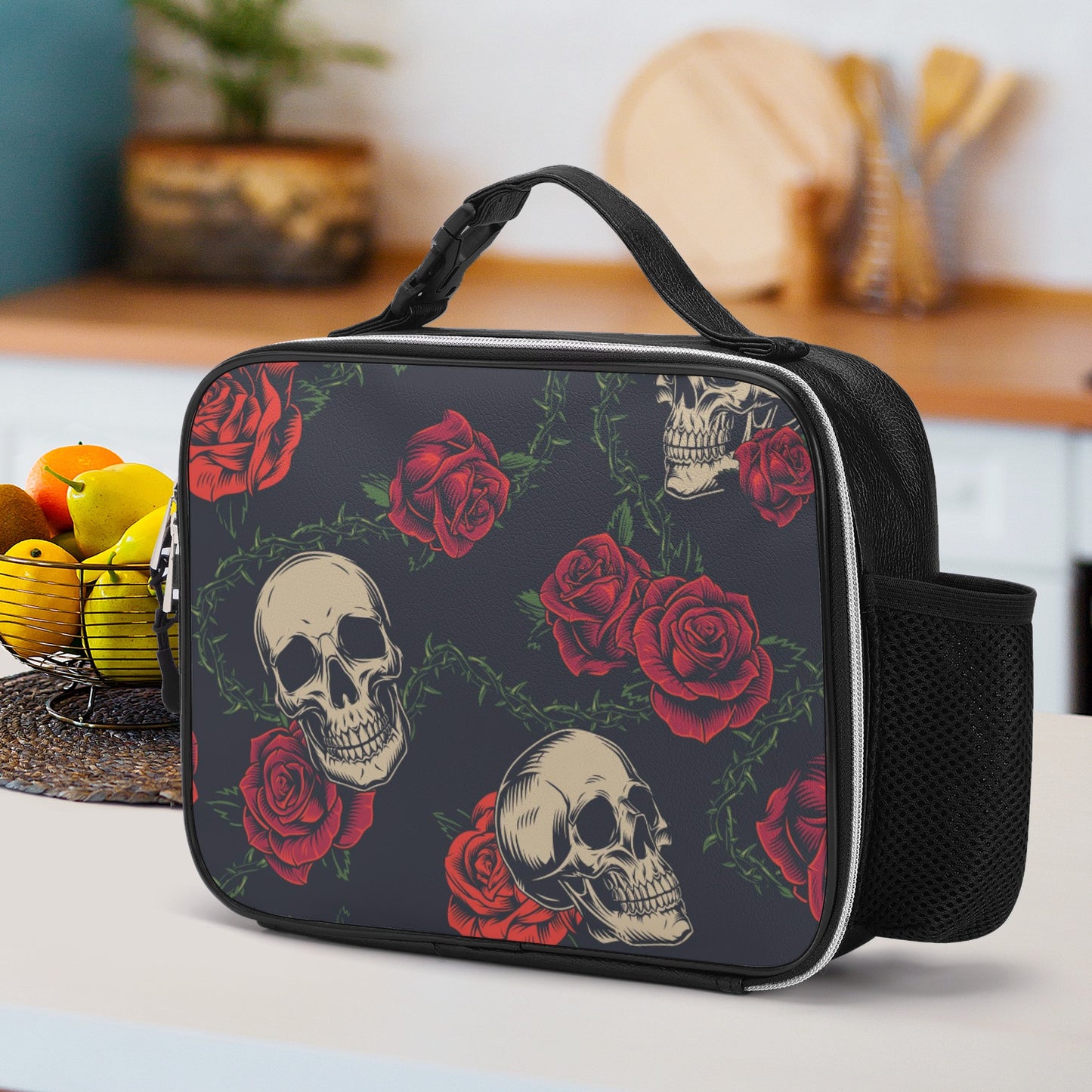Floral rose skull Detachable Leather Lunch Bag