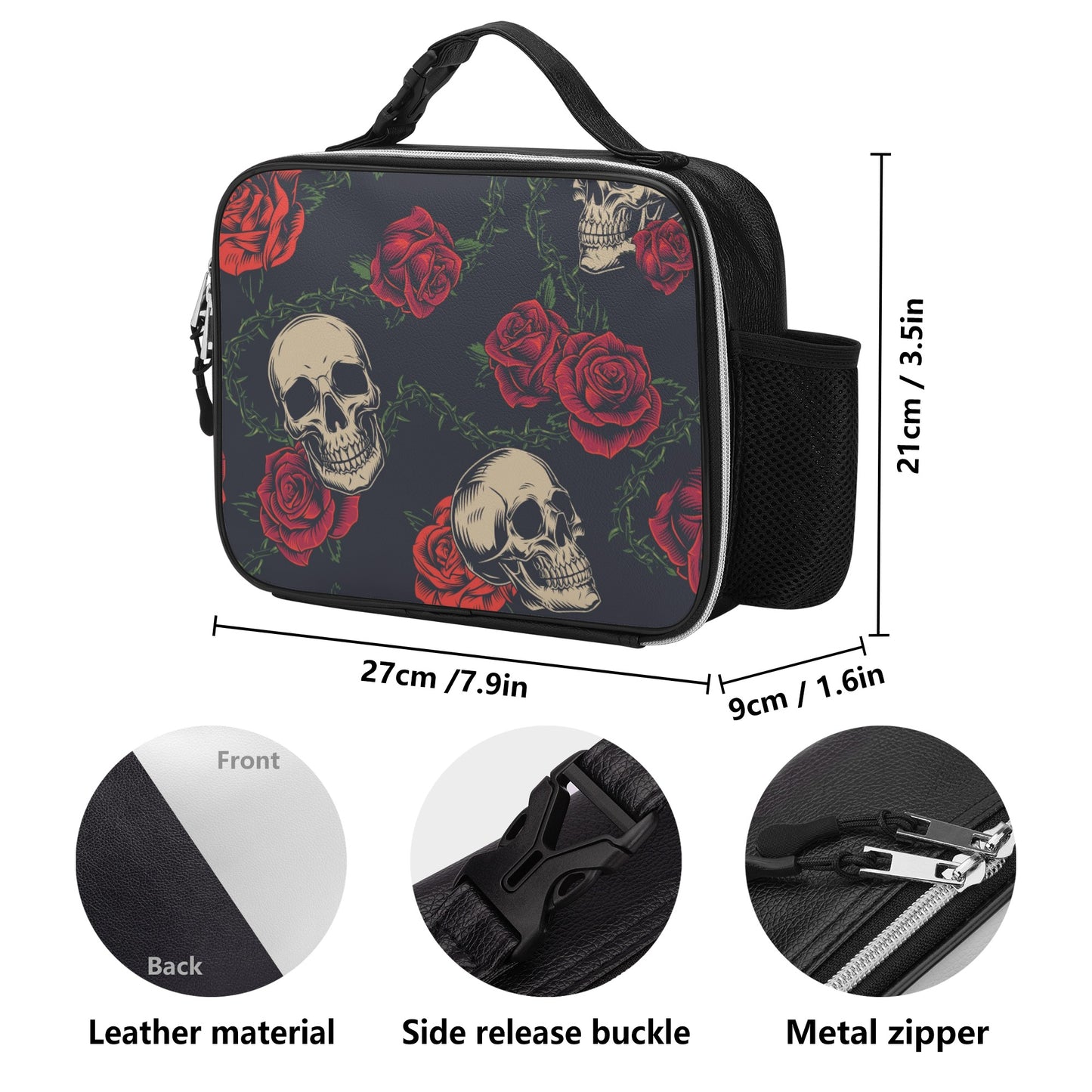 Floral rose skull Detachable Leather Lunch Bag
