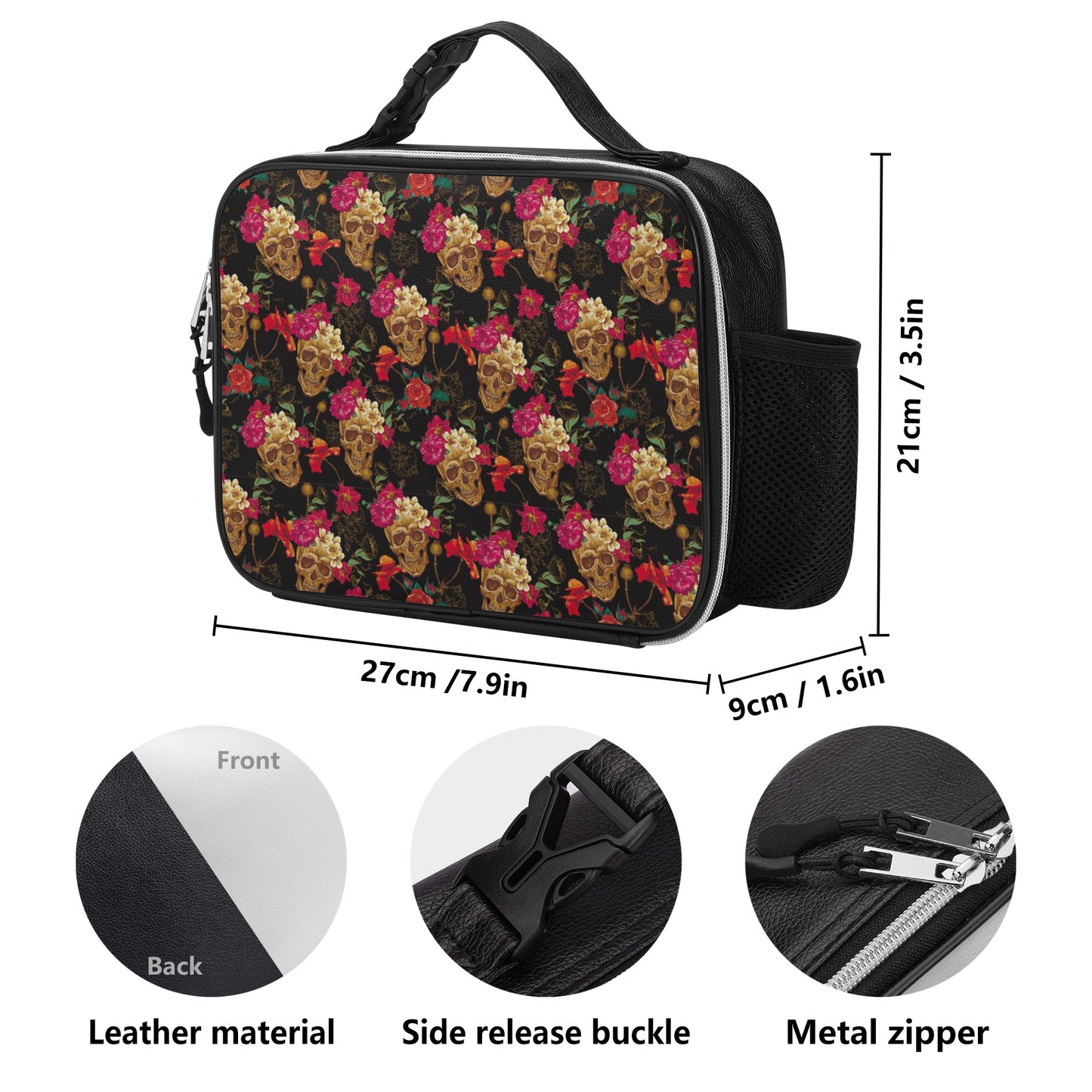 Floral skull Detachable Leather Lunch Bag