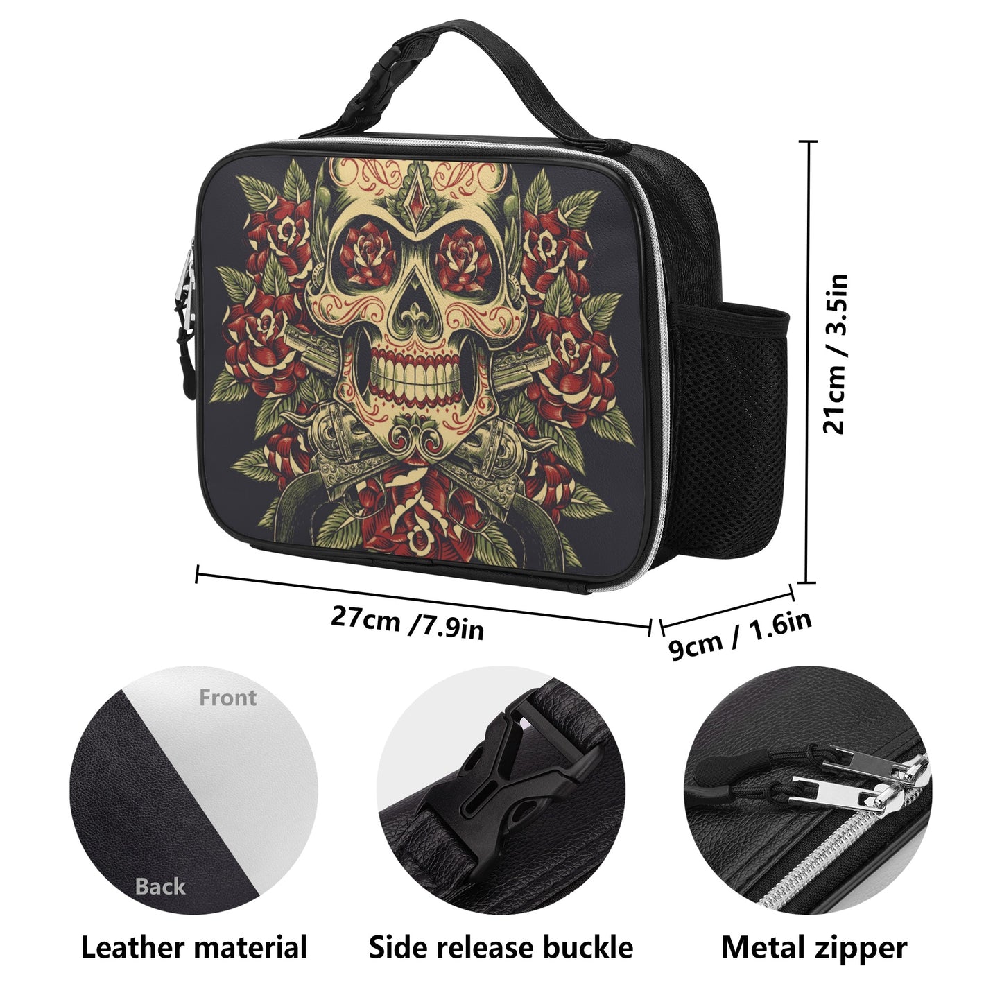 Gothic calaveras mexican skull Detachable Leather Lunch Bag