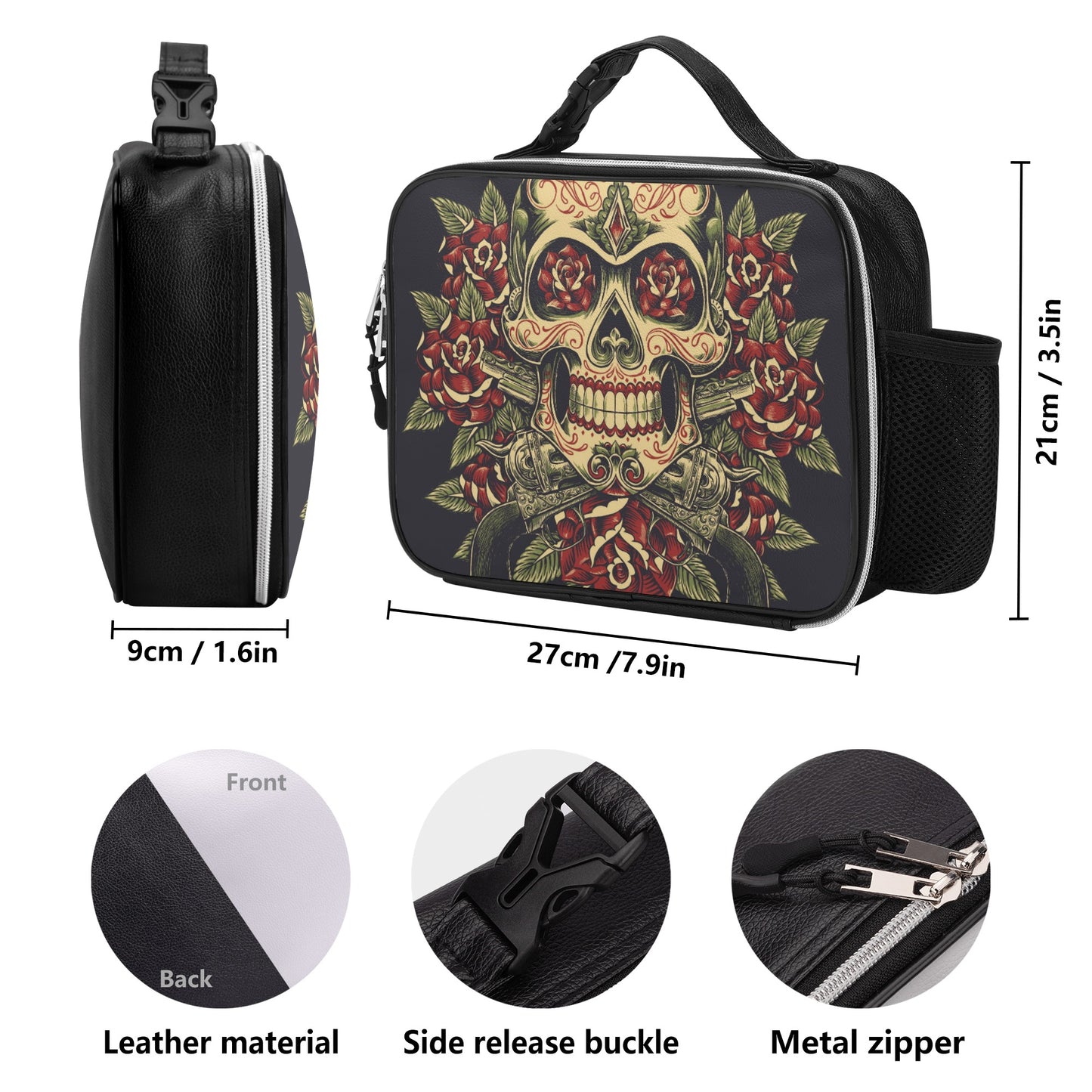 Gothic calaveras mexican skull Detachable Leather Lunch Bag