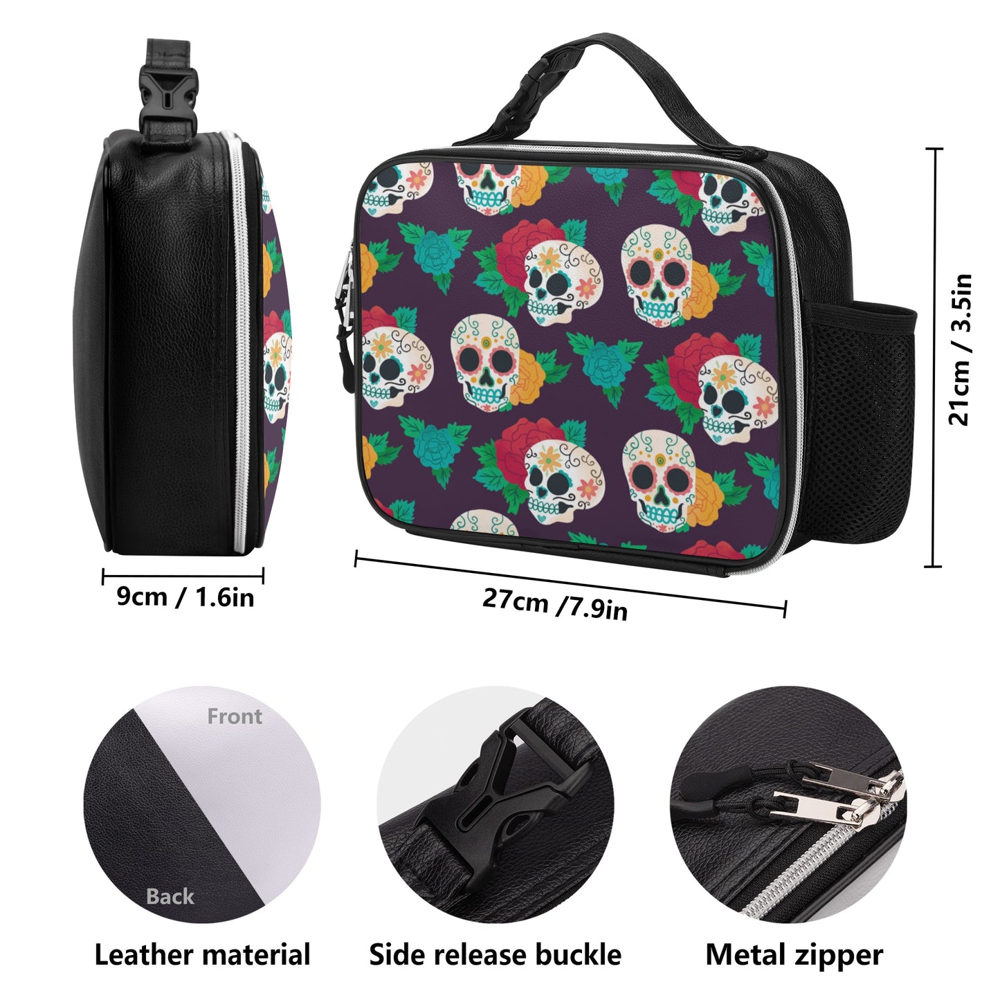 Calaveras sugar skull Detachable Leather Lunch Bag