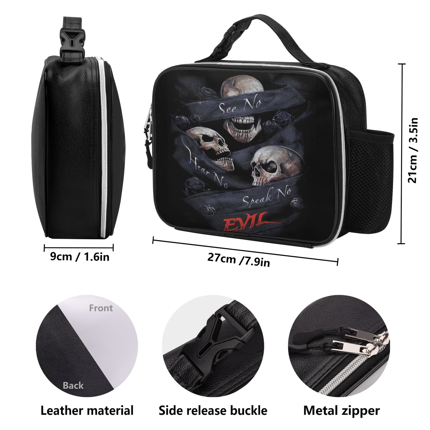No see no hear no speak evils Detachable Leather Lunch Bag