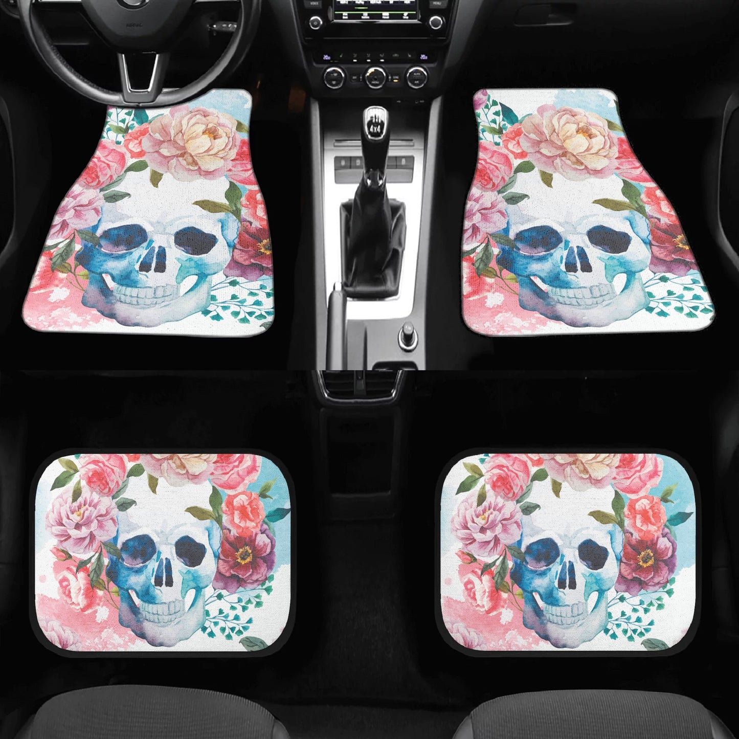 Floral skull gothic Back and Front Car Floor Mats