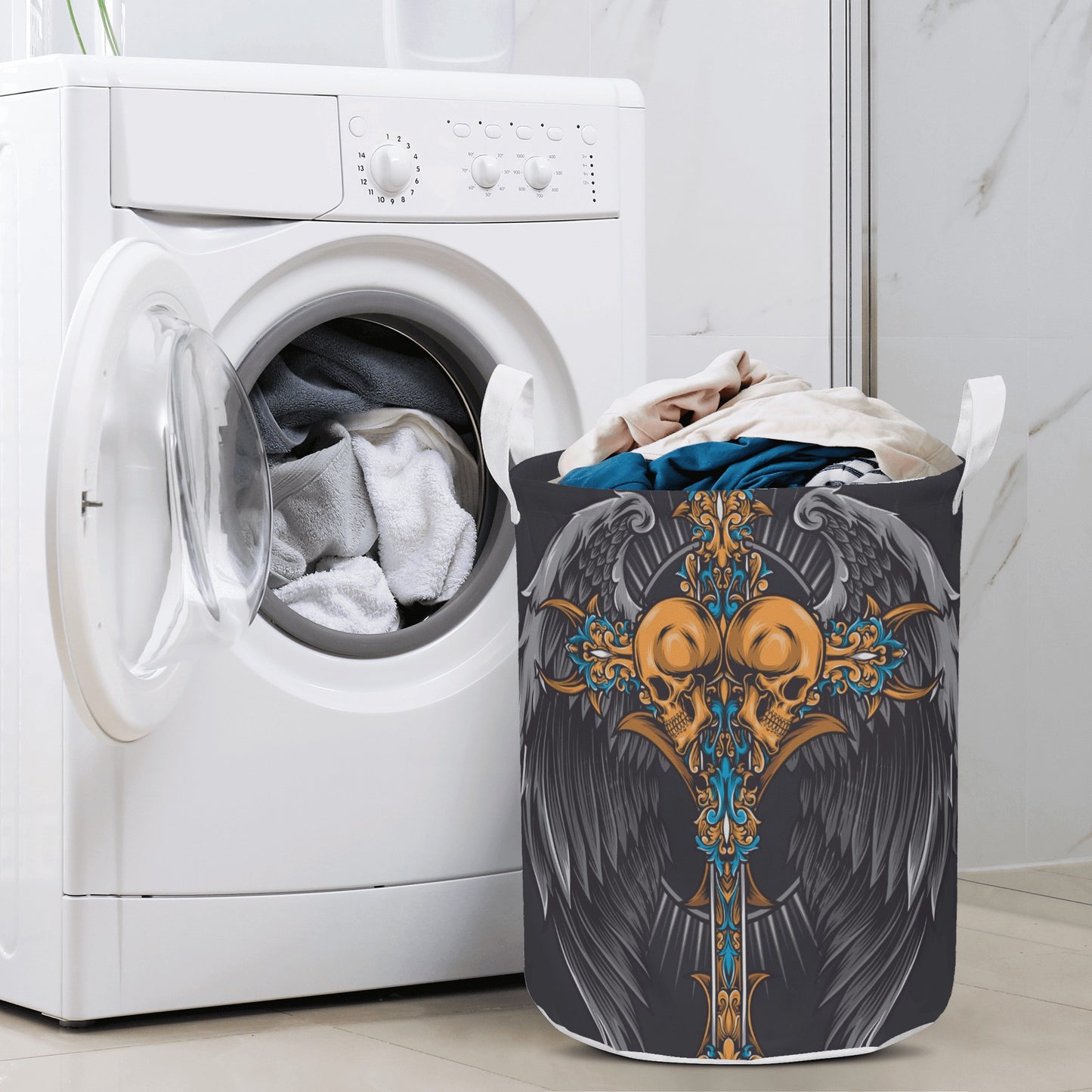 Wings angel skull Round Laundry Basket