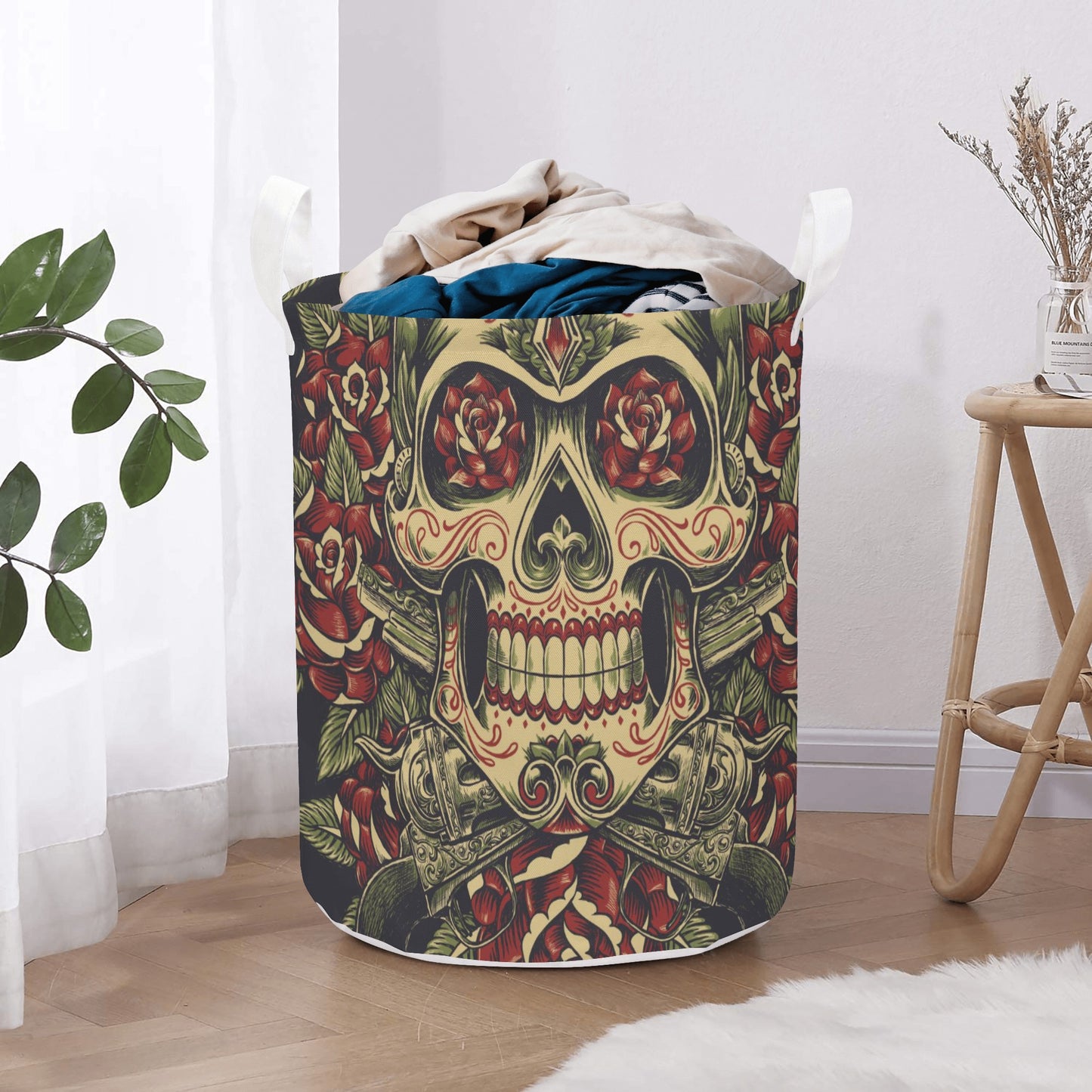 Floral mexican skull calaveras Round Laundry Basket