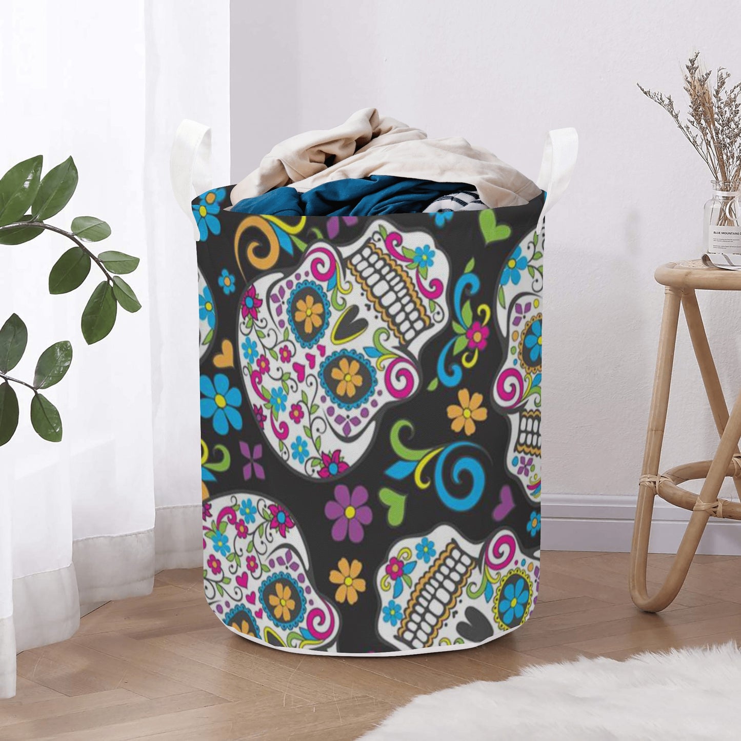 Sugar skull dia de los muertos skull Round Laundry Basket