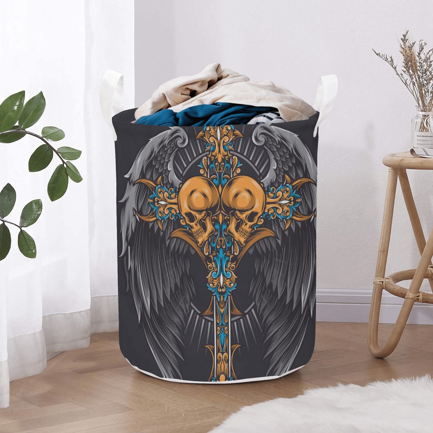 Wings angel skull Round Laundry Basket
