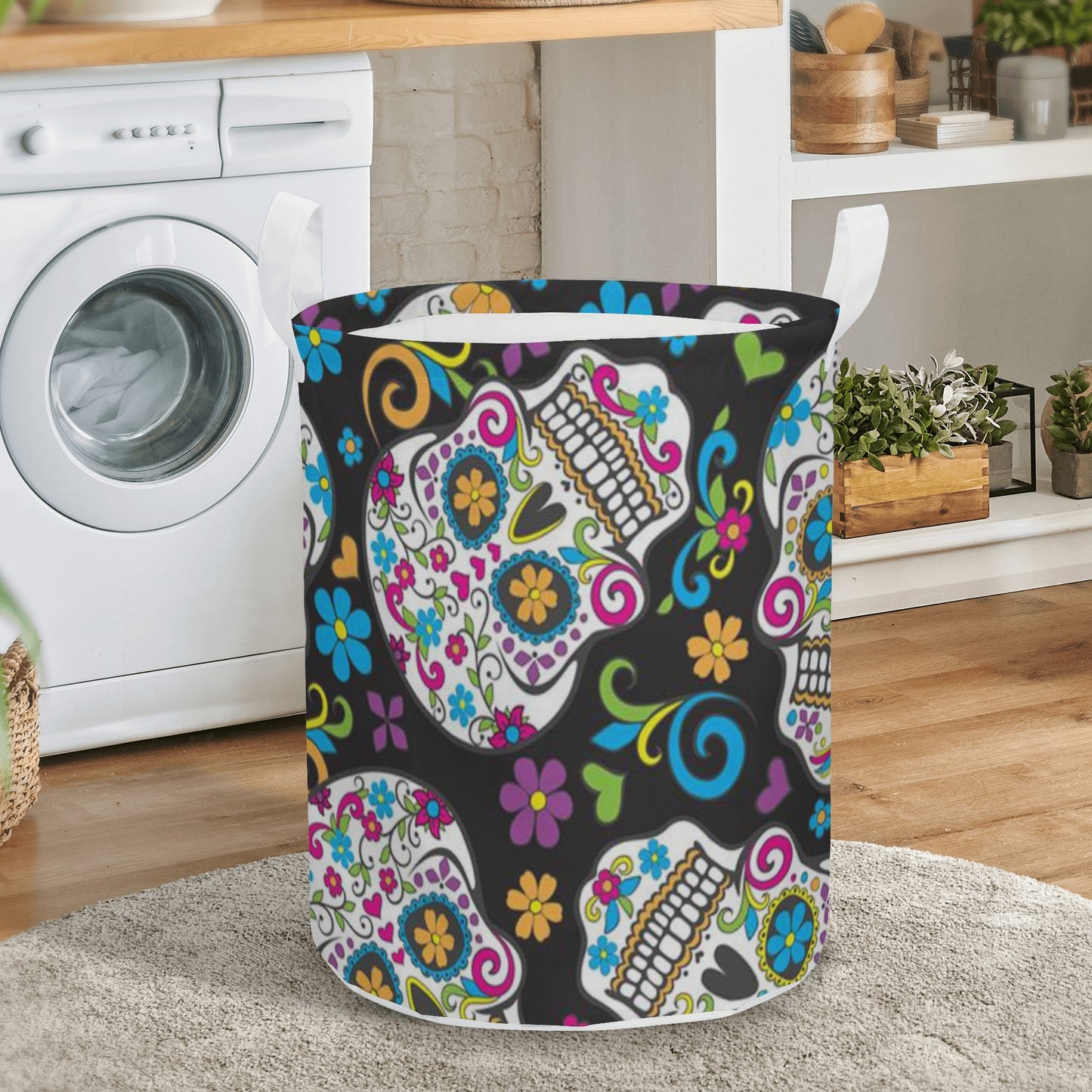 Sugar skull dia de los muertos skull Round Laundry Basket