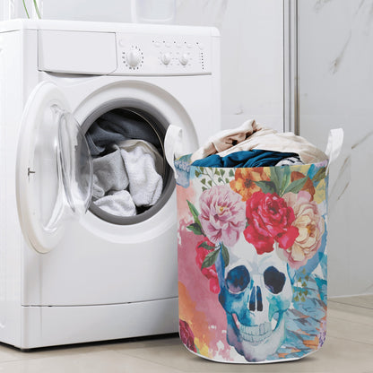 Floral skull gothic Round Laundry Basket