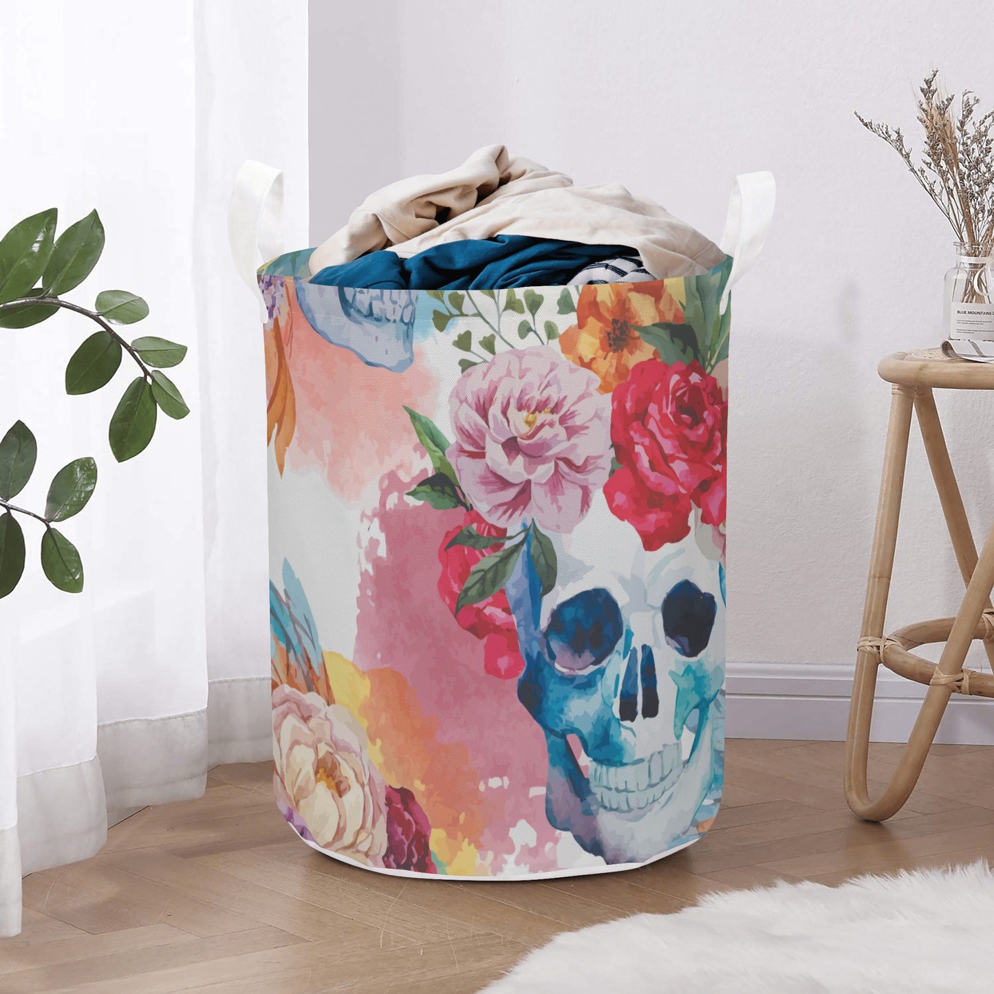 Floral skull gothic Round Laundry Basket