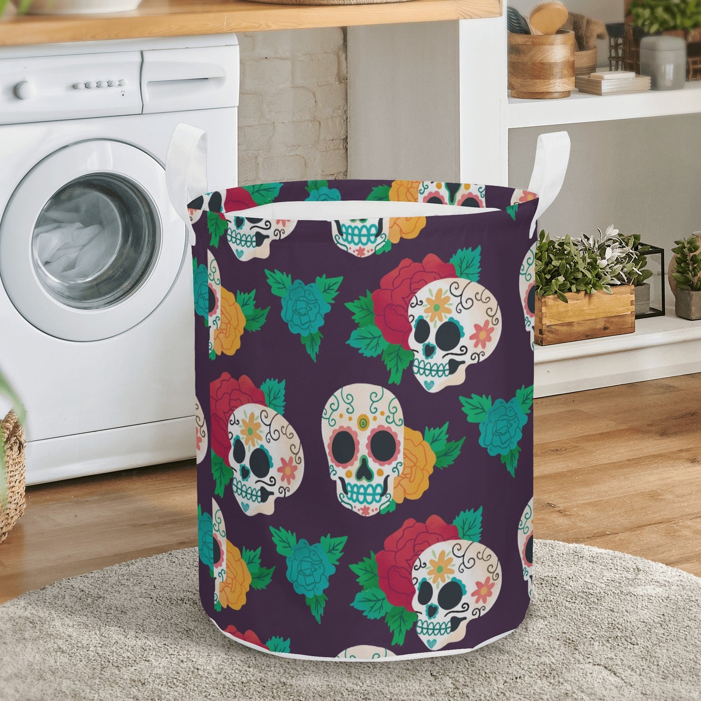 Floral sugar skull Round Laundry Basket