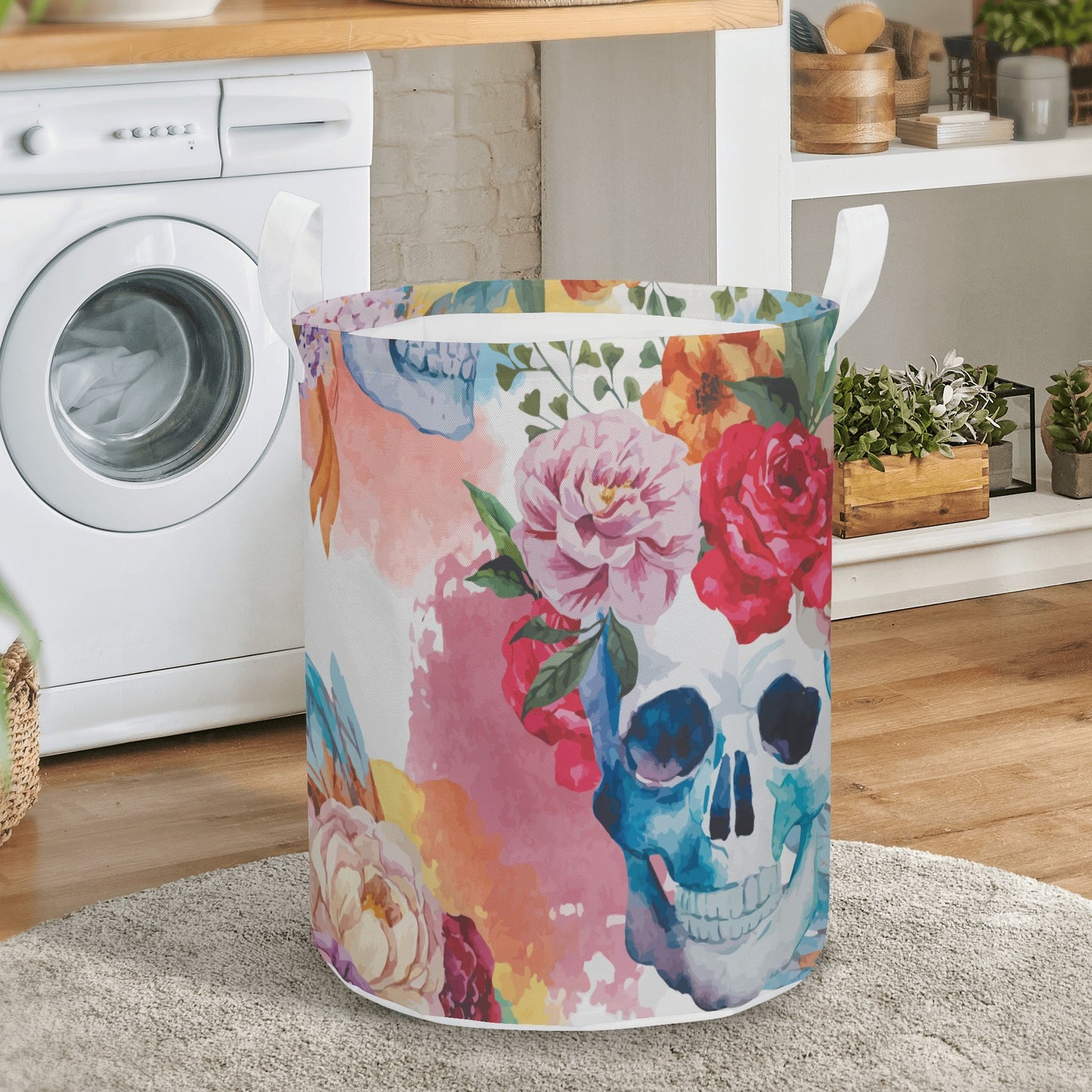 Floral skull gothic Round Laundry Basket