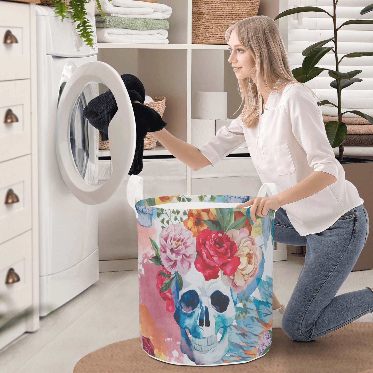 Floral skull gothic Round Laundry Basket