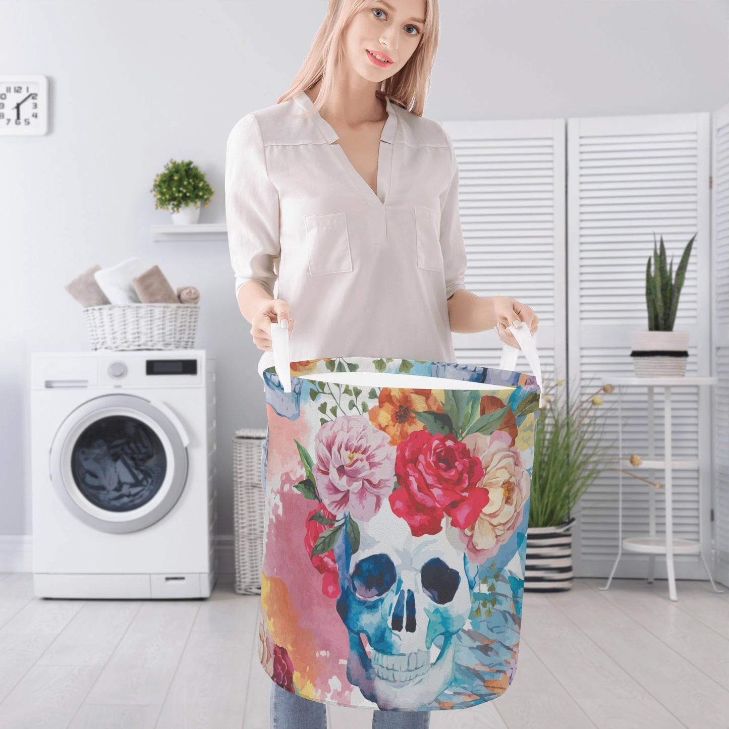 Floral skull gothic Round Laundry Basket