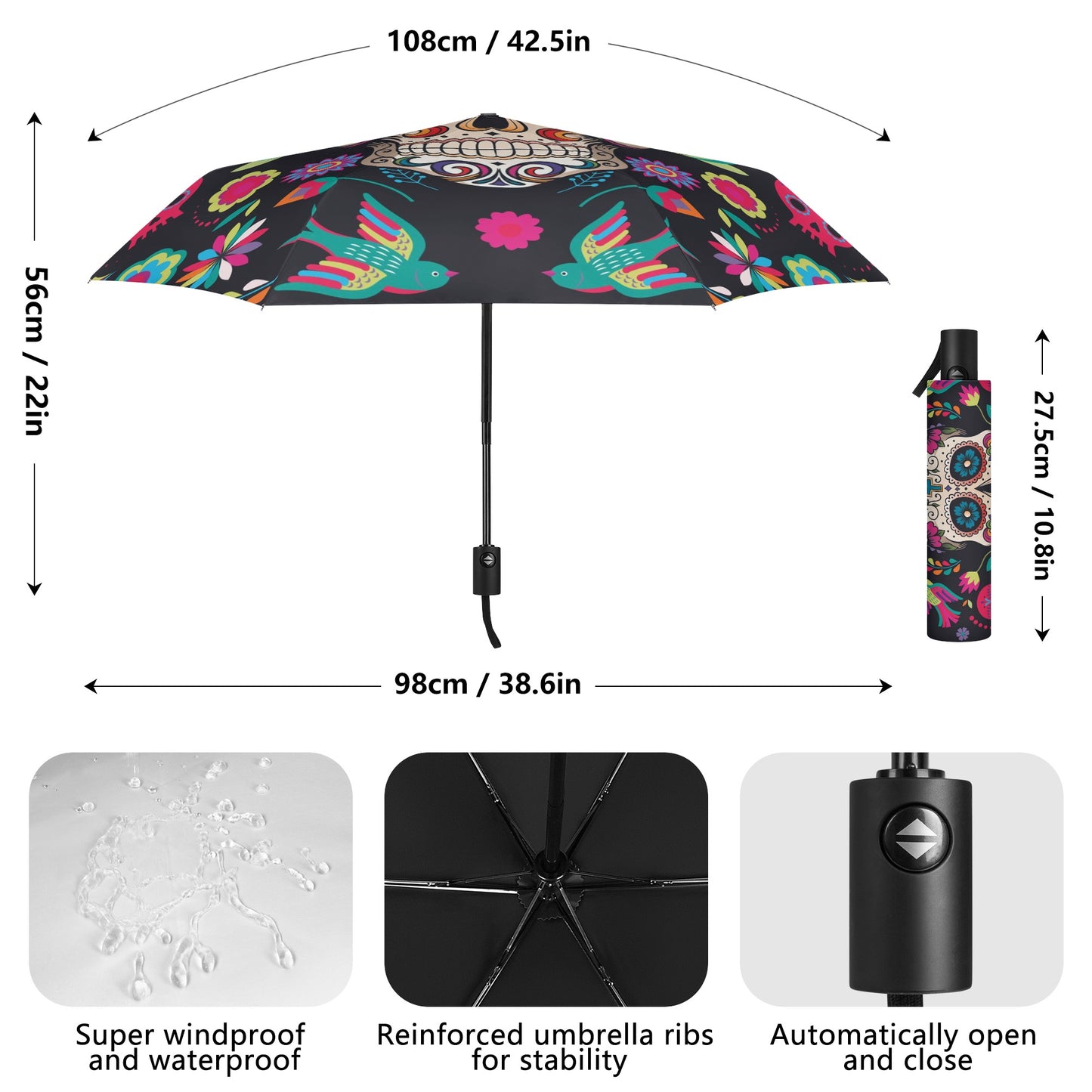 Sugar skull Day of the dead Mexican calaveas skull All Over Print Umbrella