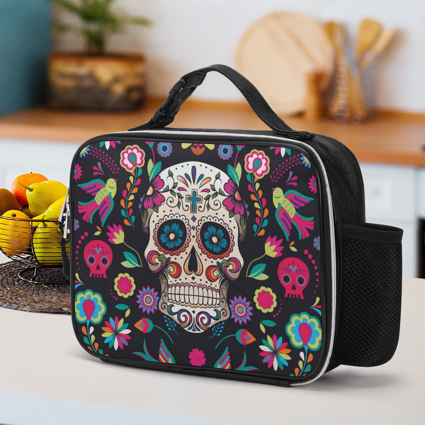 Dia de los muertos gothic Halloween Mexican skull Detachable Leather Lunch Bag